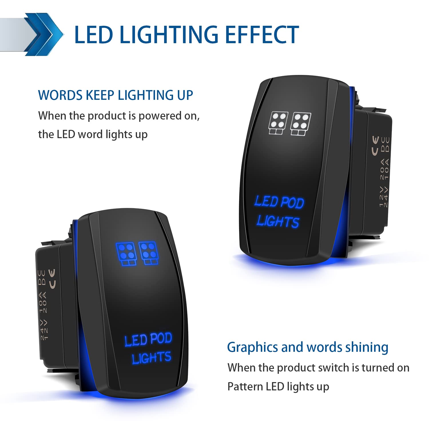 Fabood F Waterproof 5 Pin Led Pod Lights Rocker Switch Spst On/Off Two Led Backlit Blue Light 20A 12V For Auto Automotive Motorc