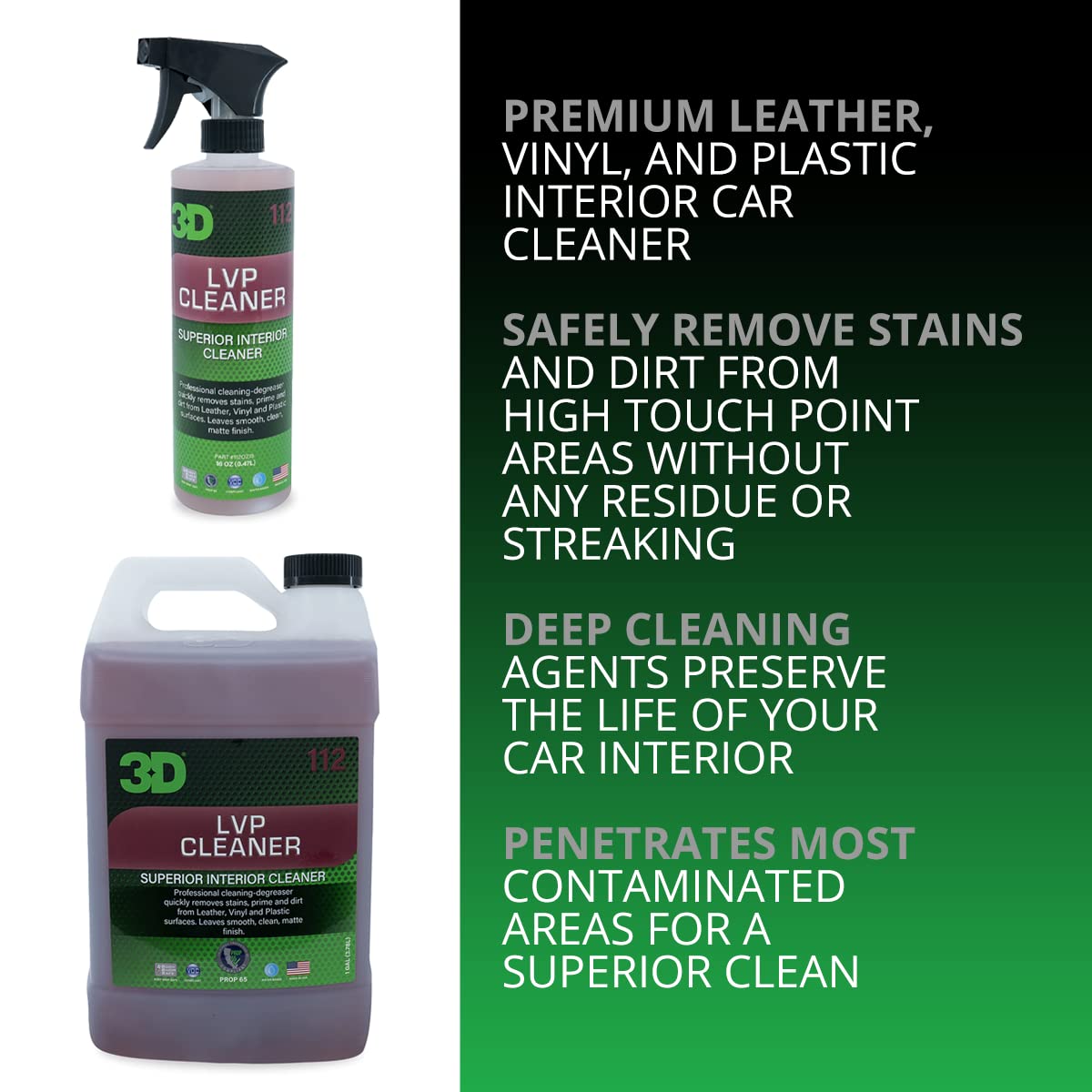 3D Lvp Interior Cleaner - Removes Dirt, Grime, Grease, Oil & Stains From Leather, Vinyl & Plastic - Great For Seats, Steering Wheels, Door Panels, Dashboards - Car, Office, Home Use - 1 Gallon