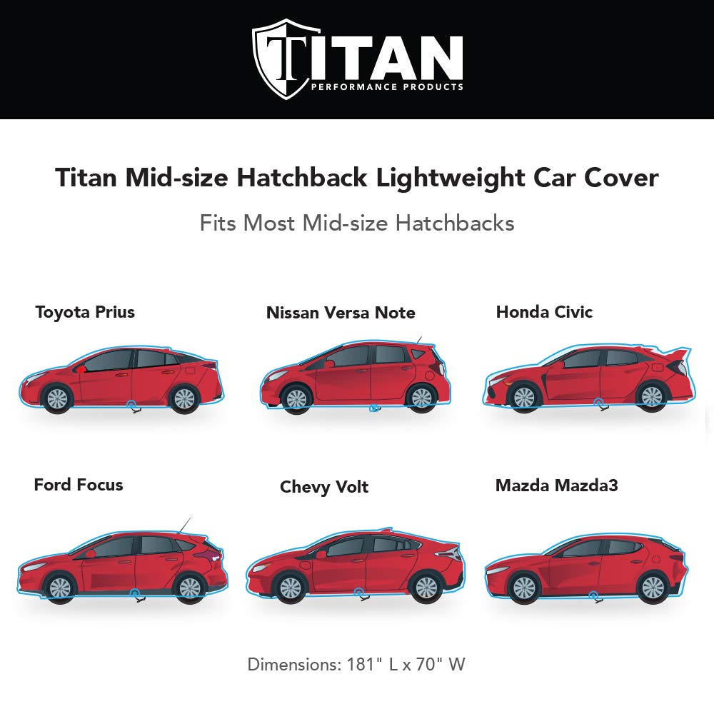 Titan Lightweight Poly 210T Car Cover For Hatchbacks 165-181''. Waterproof, Uv Protection, Scratch Resistant, Driver-Side Zipper