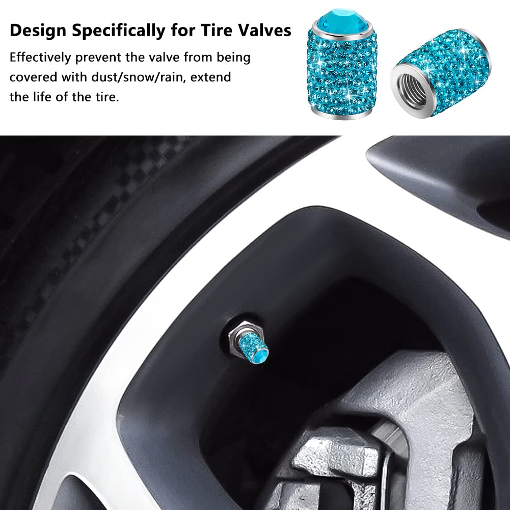 Bling Tire Stem Valve Caps, Crystal Tire Caps Shinny Rhinestone Universal Car Dustproof Tire Valve Caps For Car Suv Motorcycle Bicycle Truck (Sky Blue)