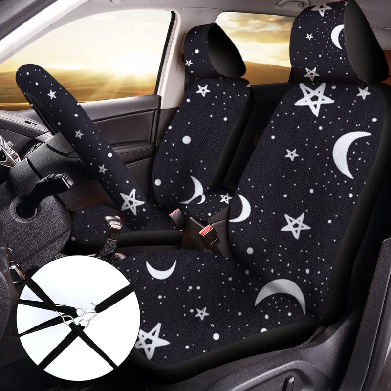 Frienda 15 Pieces Moon and Stars Car Seat Cover Full Set for Women Men Upgrade Thick Front Covers Universal Steering Wheel Separ