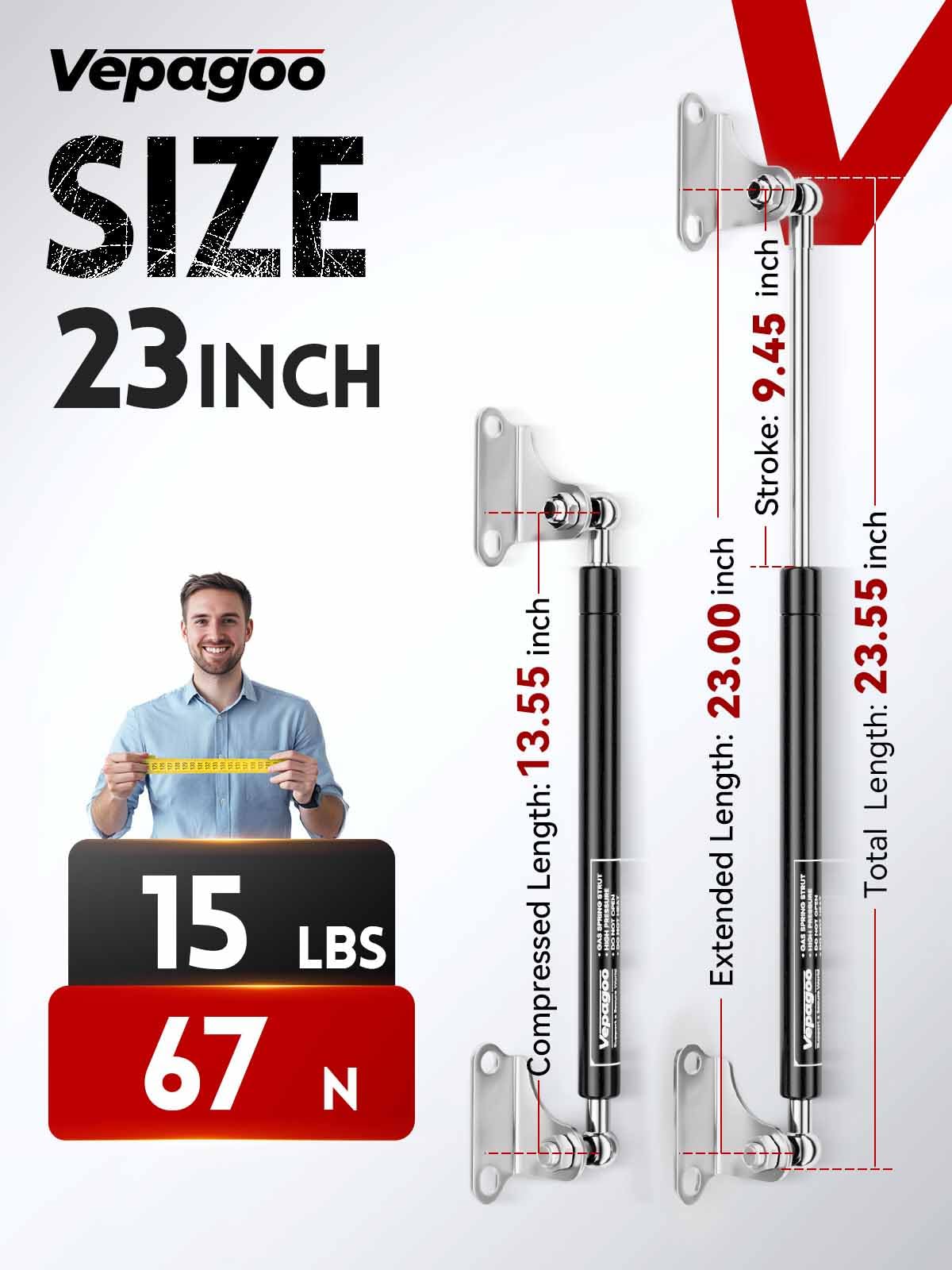 Vepagoo 23 Inch 15Lb/67N Gas Struts Shock With Mounting Brackets, Lift Supports For Rv Bed Storage Trailer Basement Door Box Cov