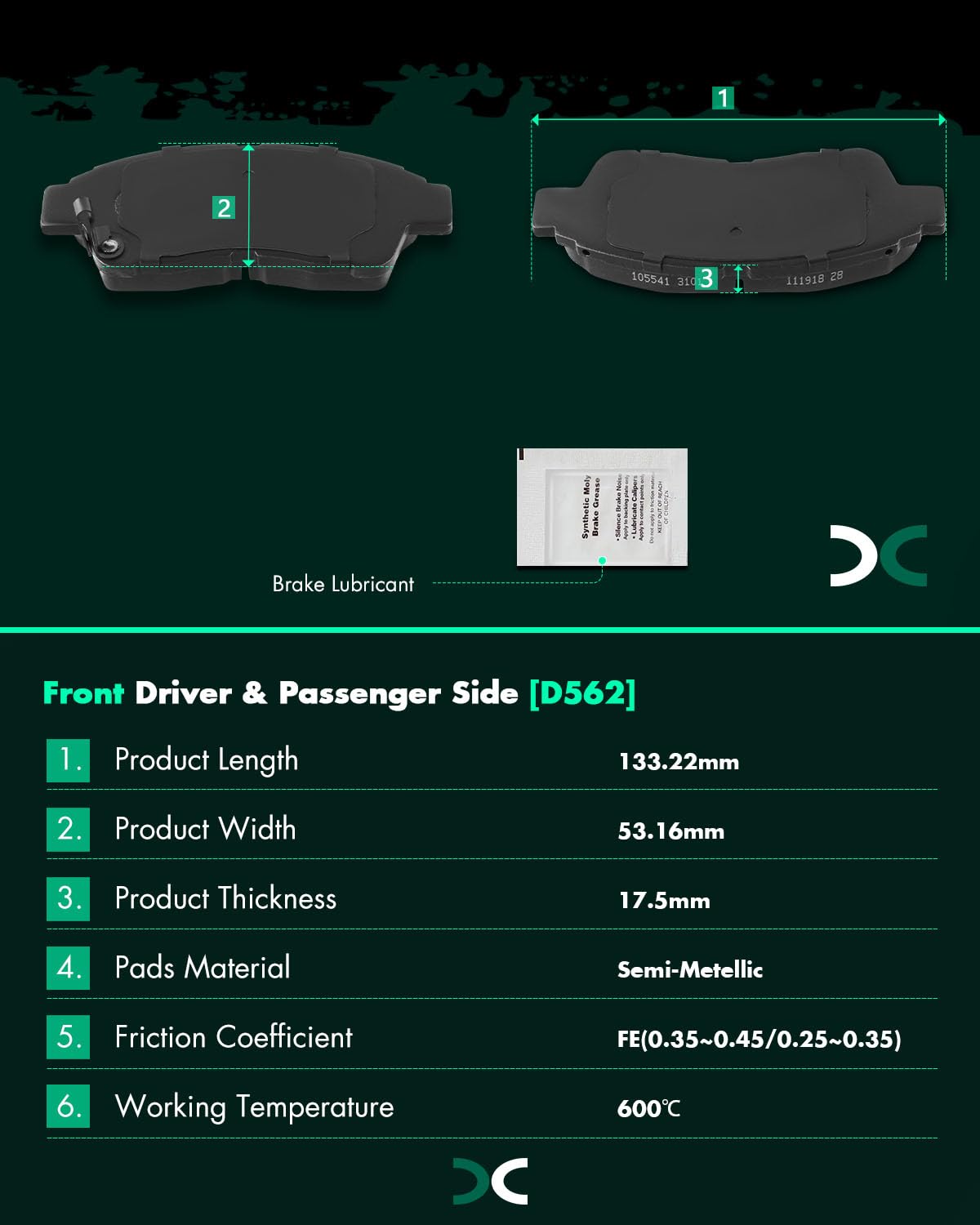 Scitoo D562 Front Semi-Metallic Brake Pads Sets Fit For Geo Prizm 1993-1997,For Toyota Camry 1992-2001,For Toyota Celica 1994-19