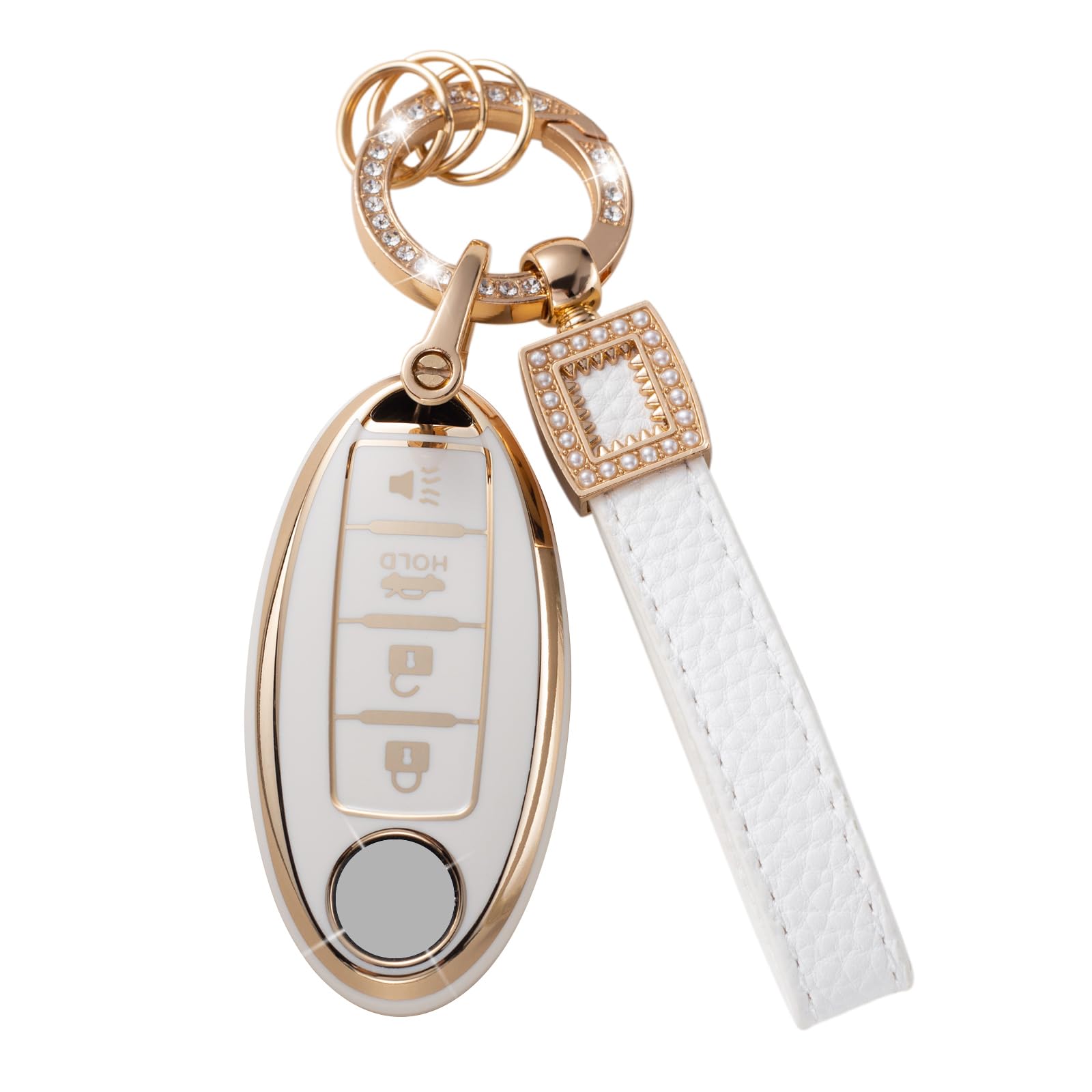 Cacarlike For Nissan Key Fob Cover With Leather Lanyard, Car Key Fob Case Compatible With Altima Maxima Murano Rogue Sentra Sent