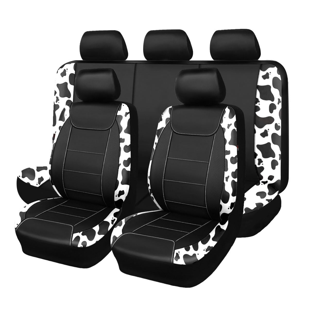 Flying Banner Car Seat Covers Protects Water Proof Faux Leather Carbon Fiber Front And Rear Bench (Cow Black, Full Set - 8Pcs)