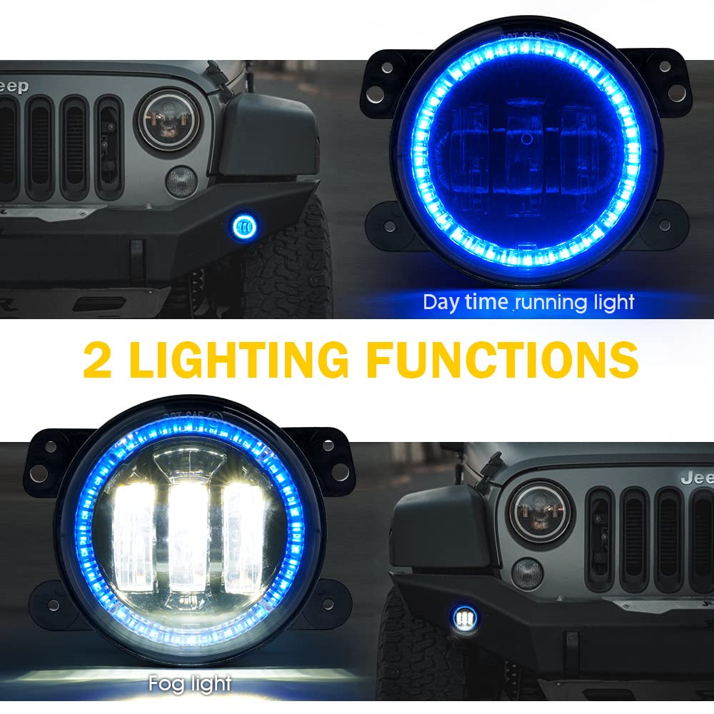 Xprite 4'' Inch Fog Lights, 60W Led Foglight With Blue Halo Ring Angle Eye Drl Compatible With 2007-2018 Jeep Wrangler Jk Off Ro