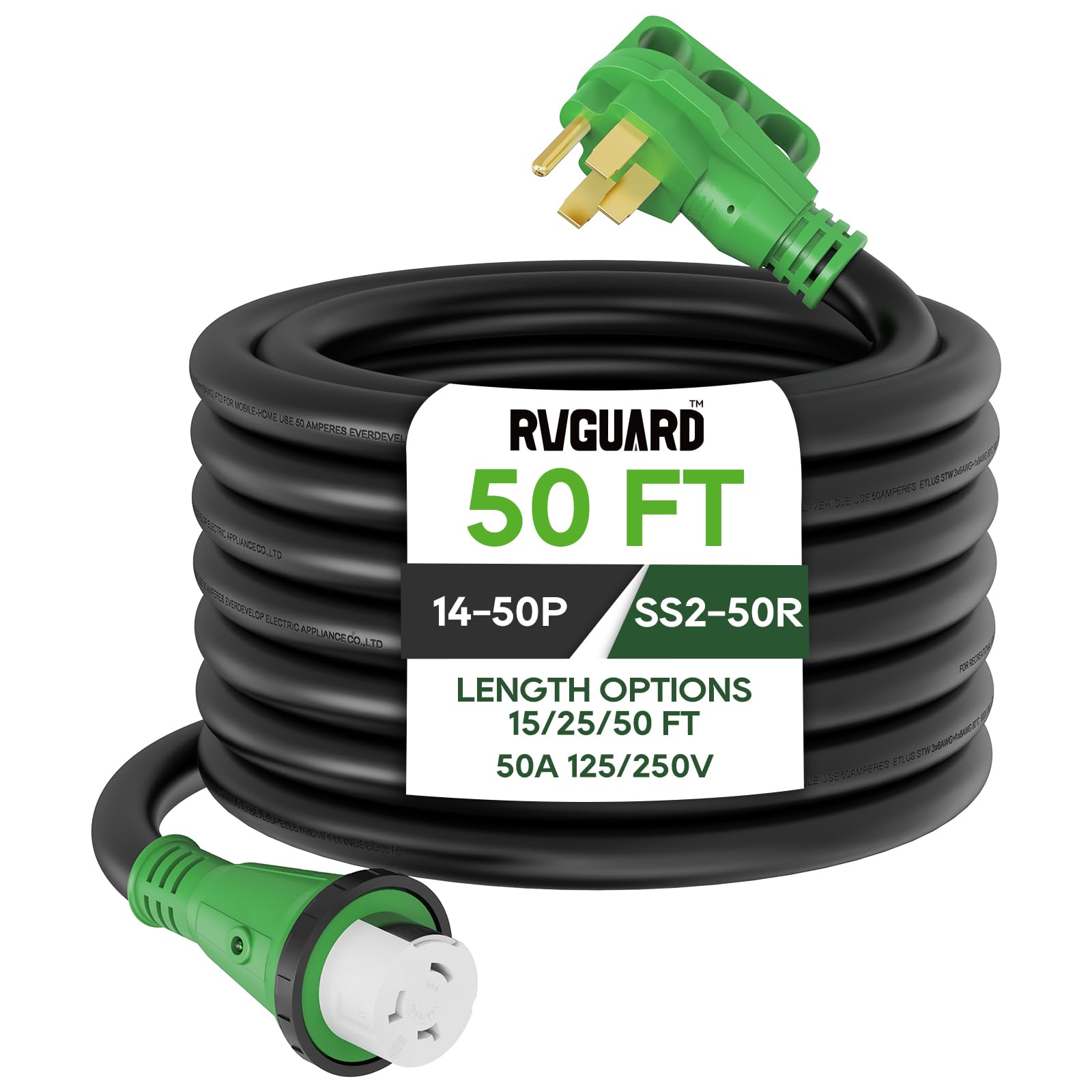 Rvguard 50 Amp 50 Foot Rv Power Cord, 14-50P To Ss2-50R Generator Extension Cord, Heavy Duty Stw Cord With Led Power Indicator A