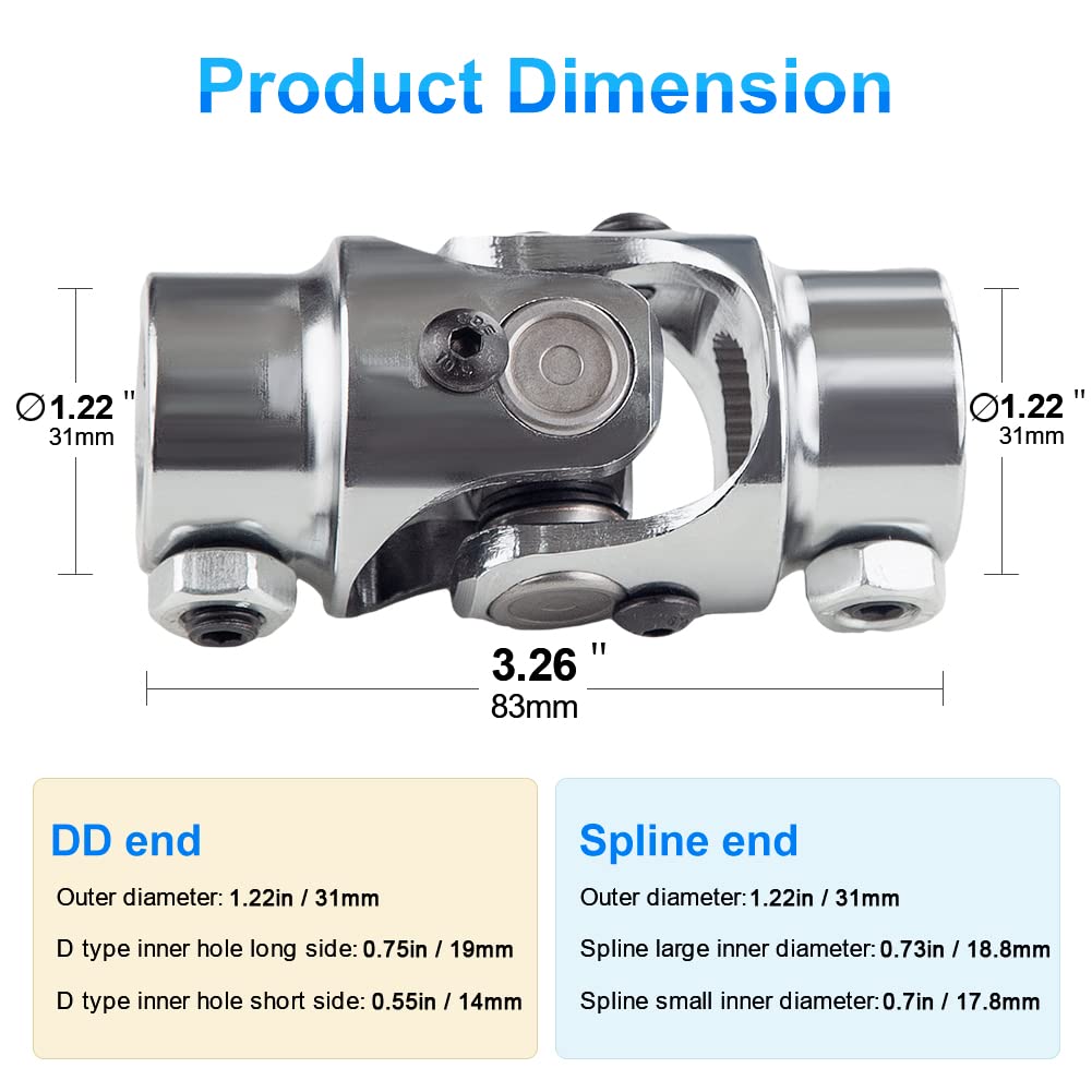 WMPHE Single Steering Shaft Universal U Joint 3/4''-30 Spline to 3/4'' DD, 83mm (3-1/4'') Working Angle 35Degree