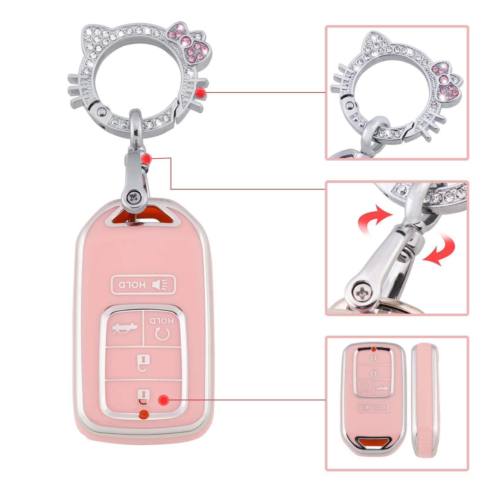 Pangpai Pink Key Fob Cover for Honda, Soft TPU Key Case Protection with Bling Keychain Fit for Honda Accord Civic CRV Pilot Odys