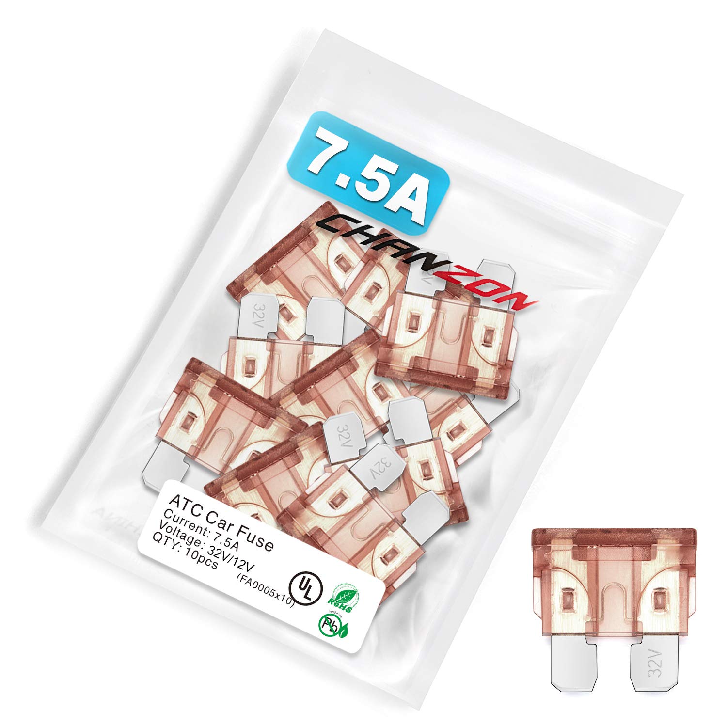 Chanzon Ul Listed 7.5A Standard Blade Fuse Atc/Ato/Apr 7.5 Amp 32V 10Pcs Auto Fuses Fast Blow For Automotive Car Rv Truck Suv