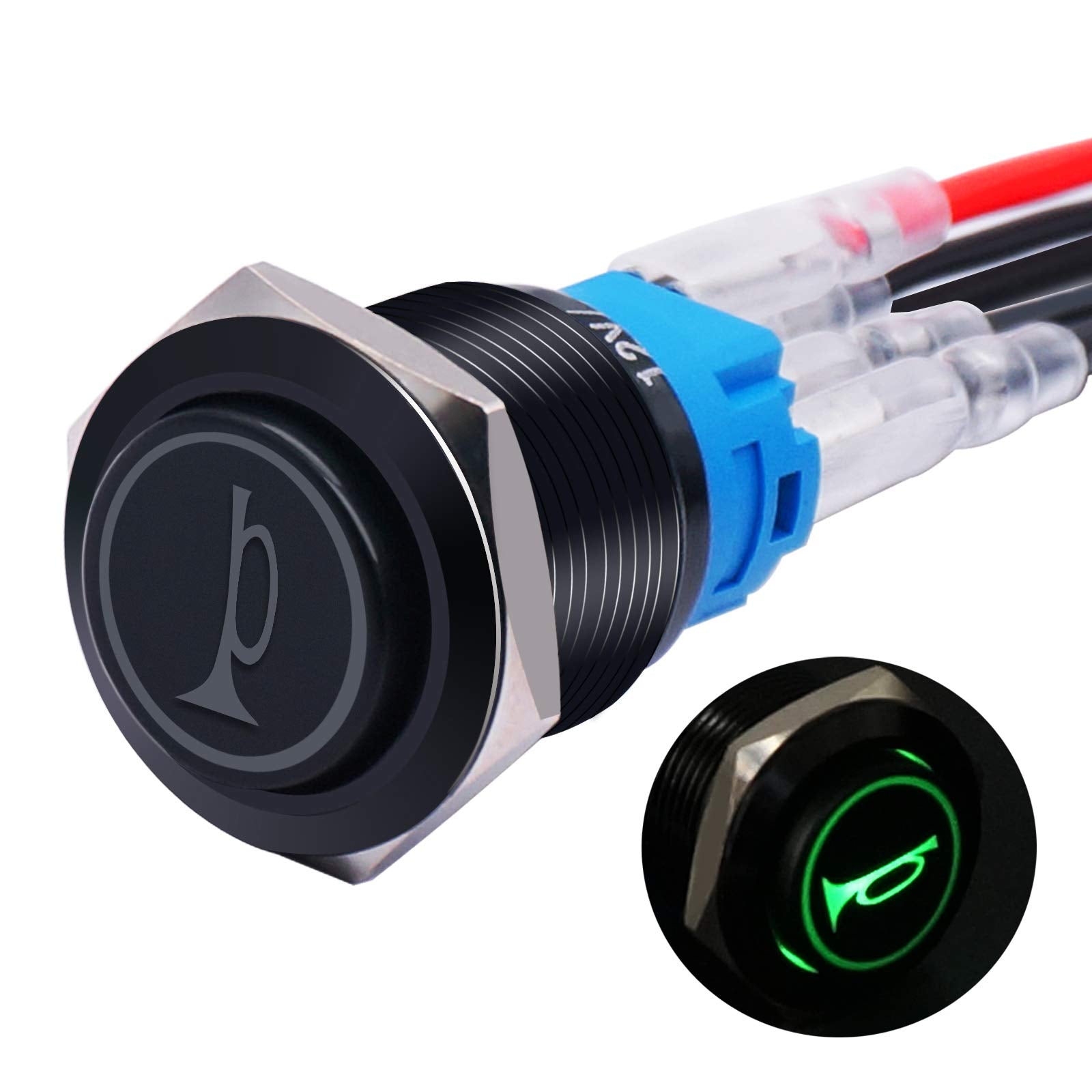 Twidec/16Mm Raised Speaker Horn Momentary Push Button Switch 5/8" Mounting Hole 12V Green Led Light Black Stainless Steel Shell 1No 1Nc Spdt With Pre-Wiring Wires Switch For Car Modification Bkg16Lb-G