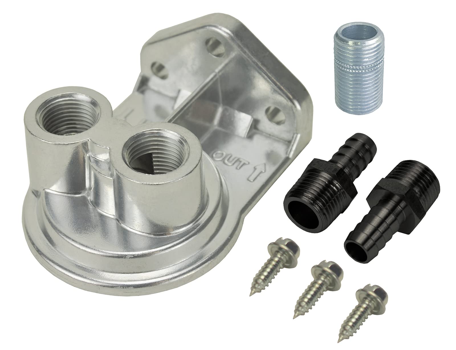 Oil Filter Mount, Ports Up, 1/2 In Npt Female Ports, 3/4-16 In Center Thread, Aluminum, Polished, Universal, Kit