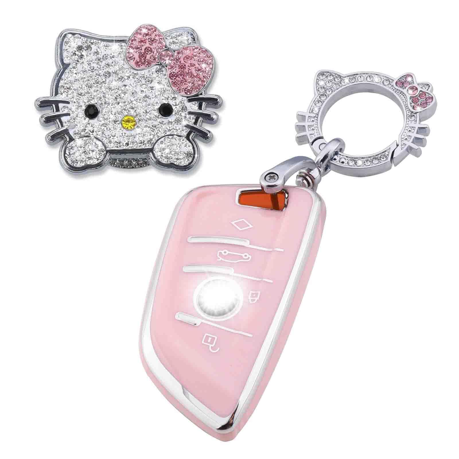 Pangpai Pink Car Accessories 3 Pcs For Bmw Key Fob Cover With Bling Keychain Cute Push To Start Button Cover