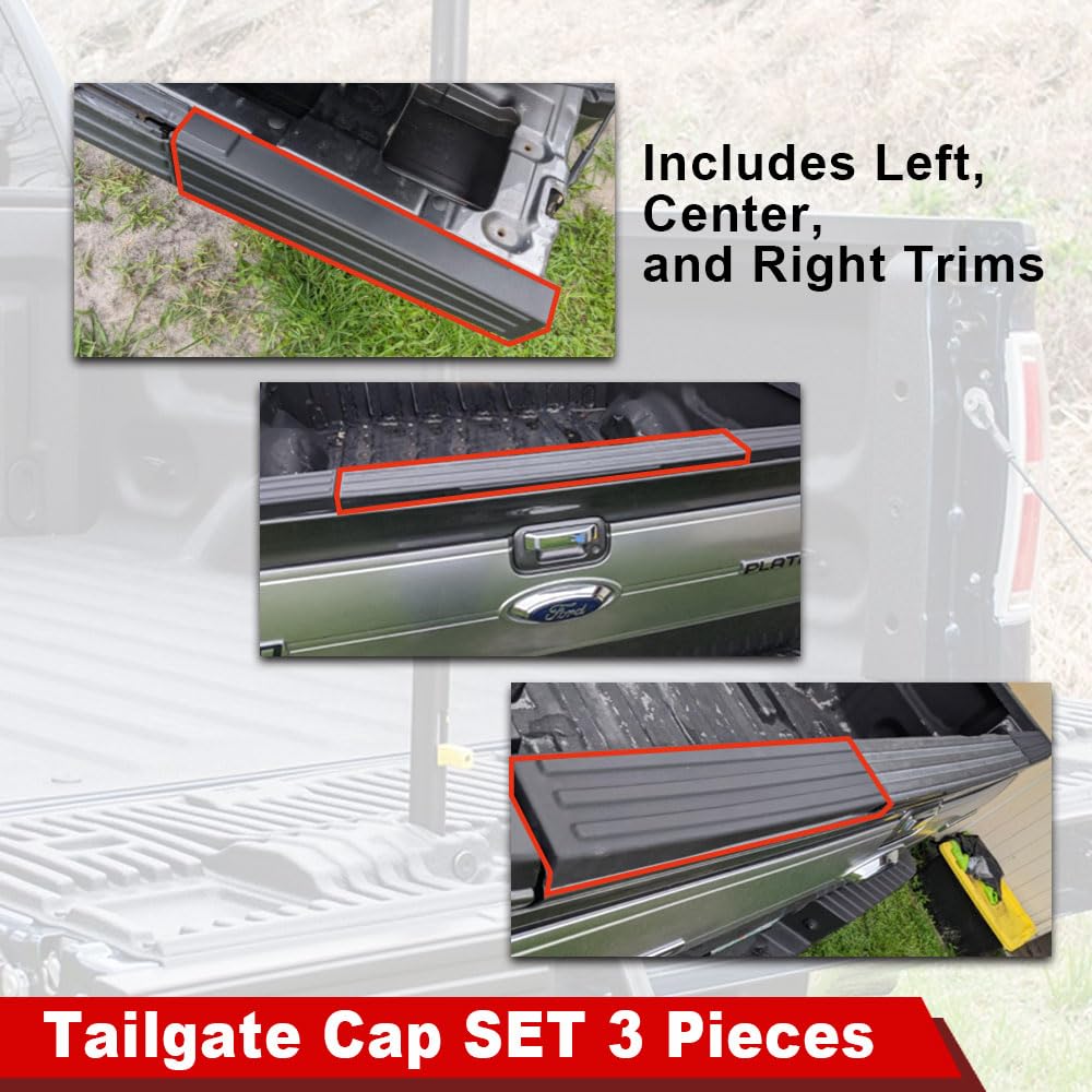 Pit66 3Pack Flex Step Center + Side Tailgate Molding Covers Left&Center&Right Compatible With Ford F150 F-150 2009-2014