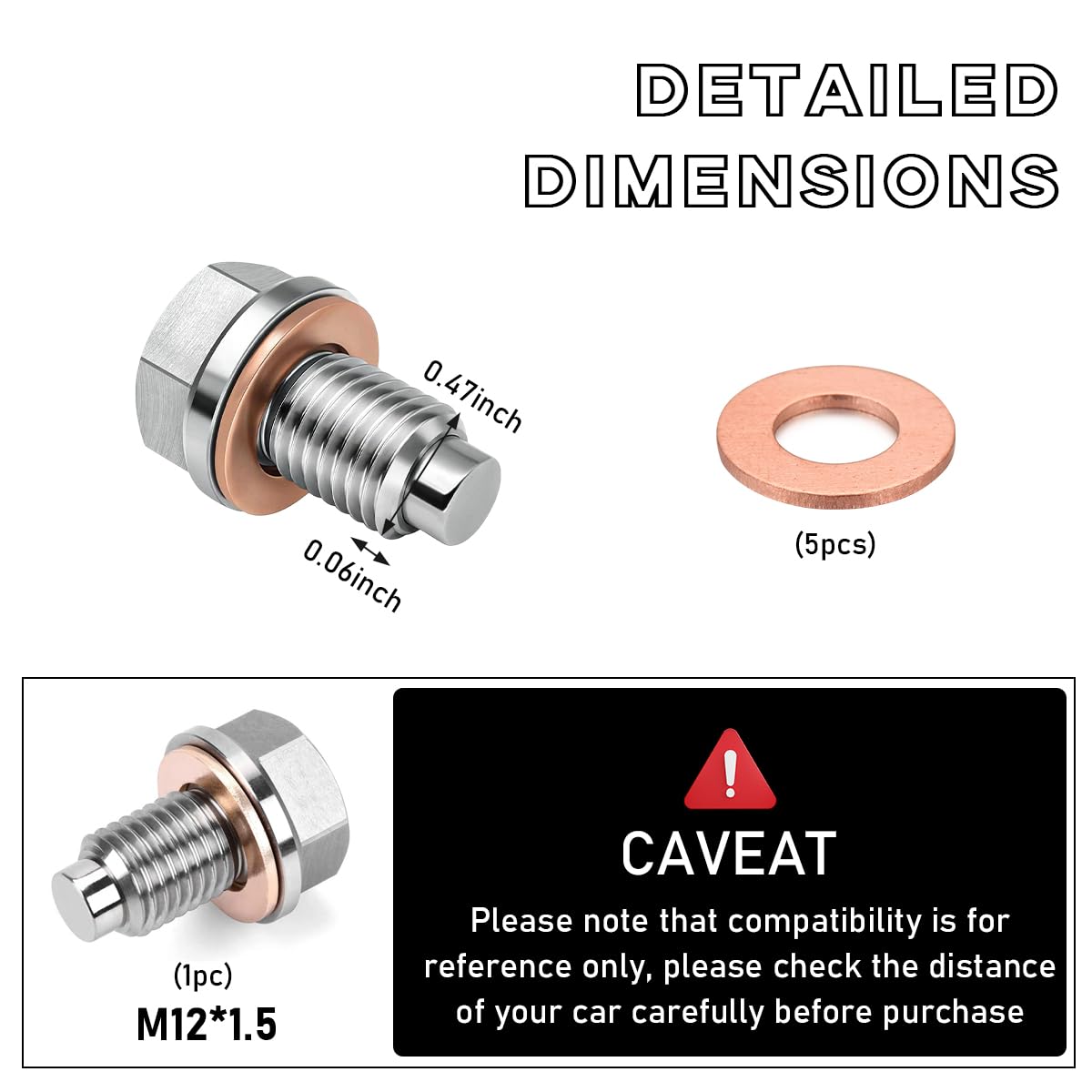 Dickno M12  1.5 Magnetic Oil Drain Plug, Aluminum Stainless Steel Sump Drain Nut Bolt with 5 Copper Crush Washer, Universal Leak
