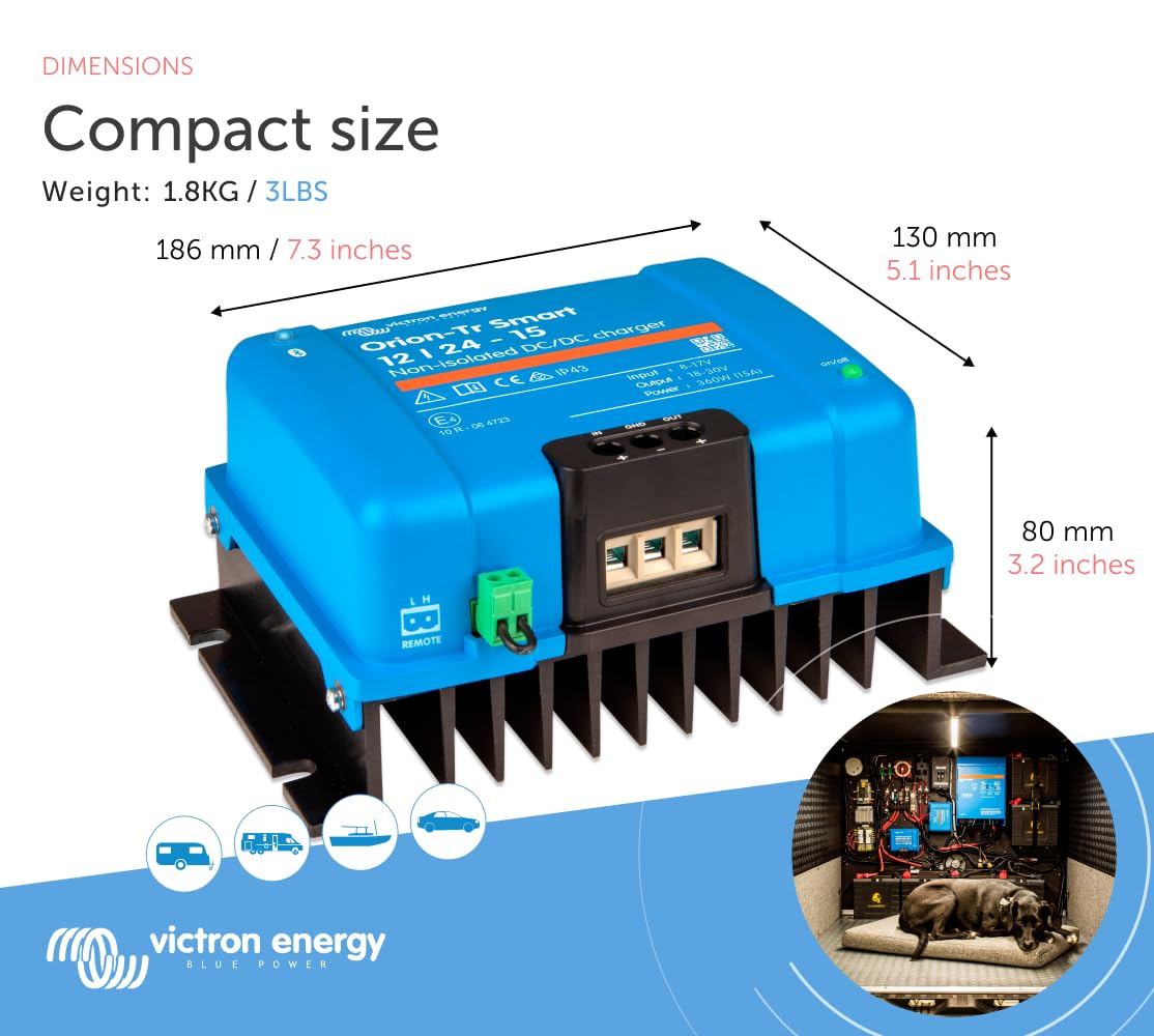 Victron Energy Orion-Tr Smart Dc To Dc Charger (Bluetooth) - 12/24-Volt 15 Amp 360-Watt - Battery Charger For Dual Battery Systems - Non-Isolated