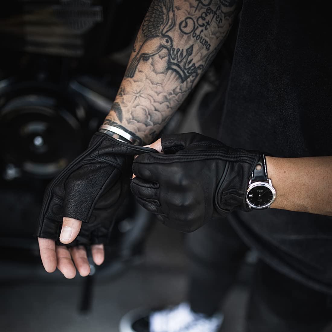 Harssidanzar Fingerless Motorcycle Gloves,For Mens Leather Riding Driving Gloves With Hand Knuckle Gm037,Black,Size,Xl