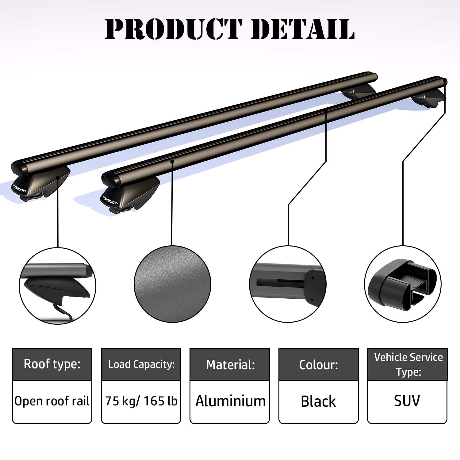 COWVIE 53 Inch Aluminum Roof Rack Cross Bars for Raised Side Rails, Adjustable Cargo Bars, Hold 165 LBS, Black