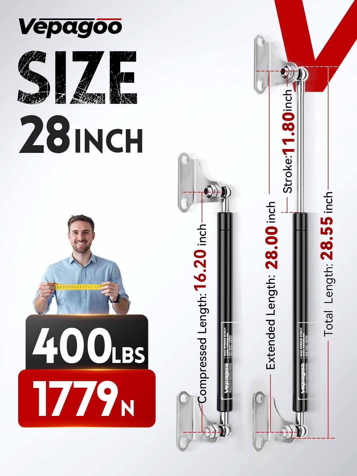 Vepagoo 28 Inch Gas Struts 400Lb/1779N Shock With Mounting Brackets, Lift Supports For Rv Bed Storage Truck Bed Cover Basement T