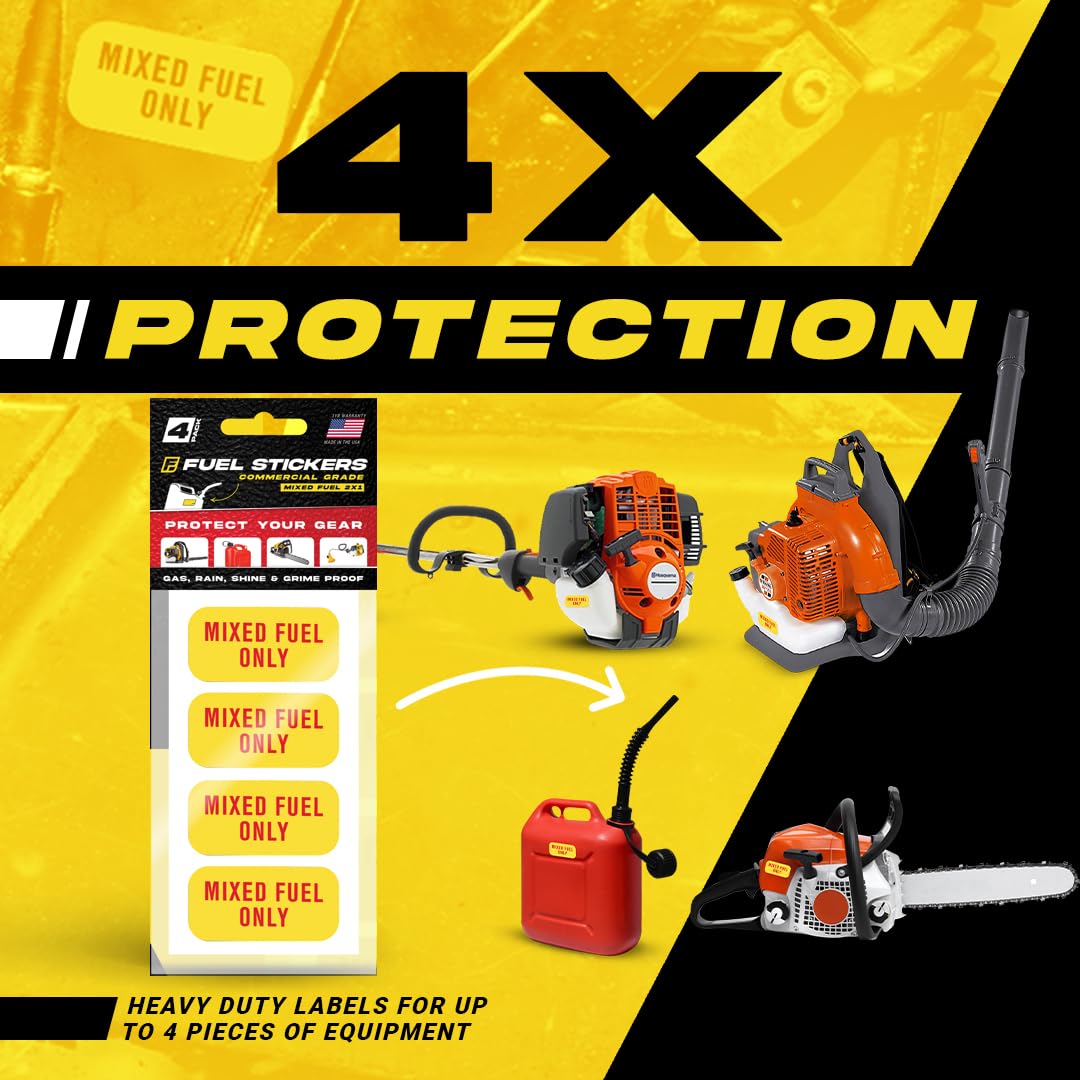 Mixed Fuel Only Stickers, 2 Cycle Labels For Outdoor Fuel Power Equipment - Weather Proof, Extreme Stick, Commercial Grade Label