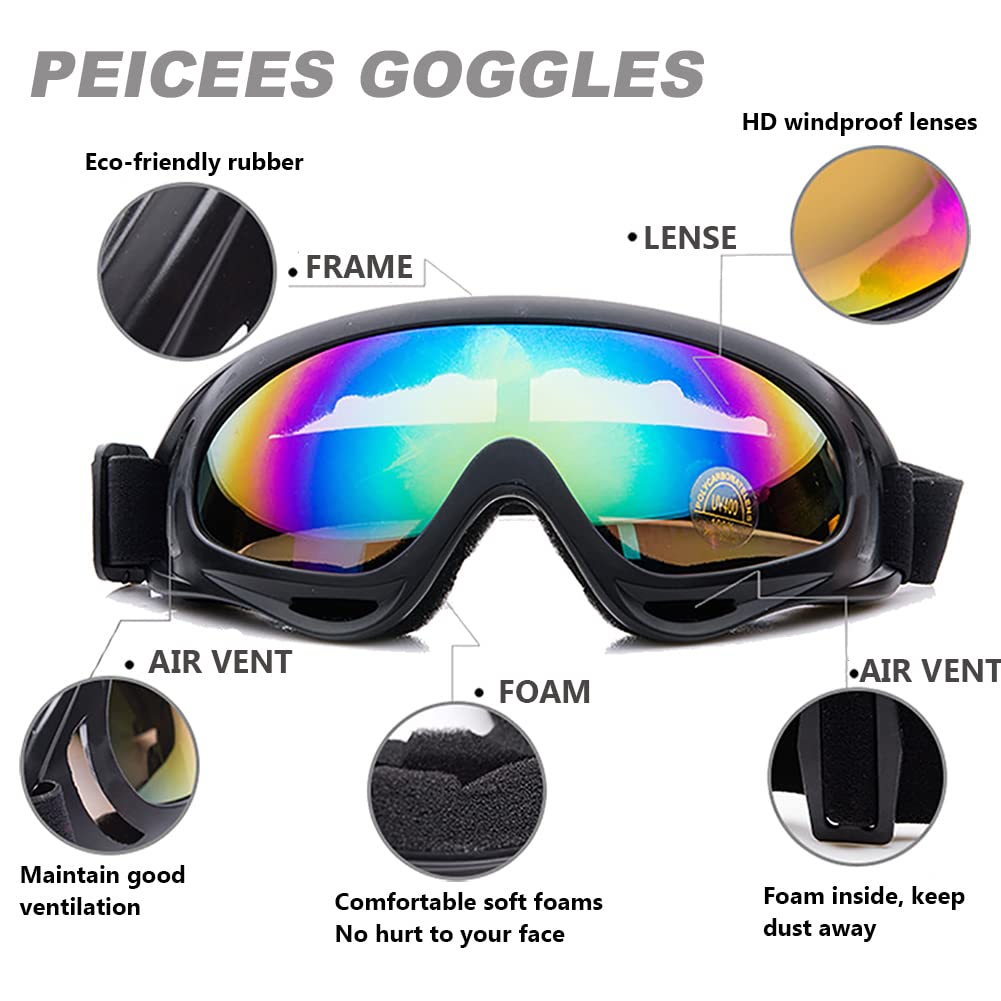 Peicees 13Pcs Motorcycle Set, 5 Dirt Bike Ski Goggles Uv Protection Dustproof Windproof Safety Glasses With 8 Skull Face Mask