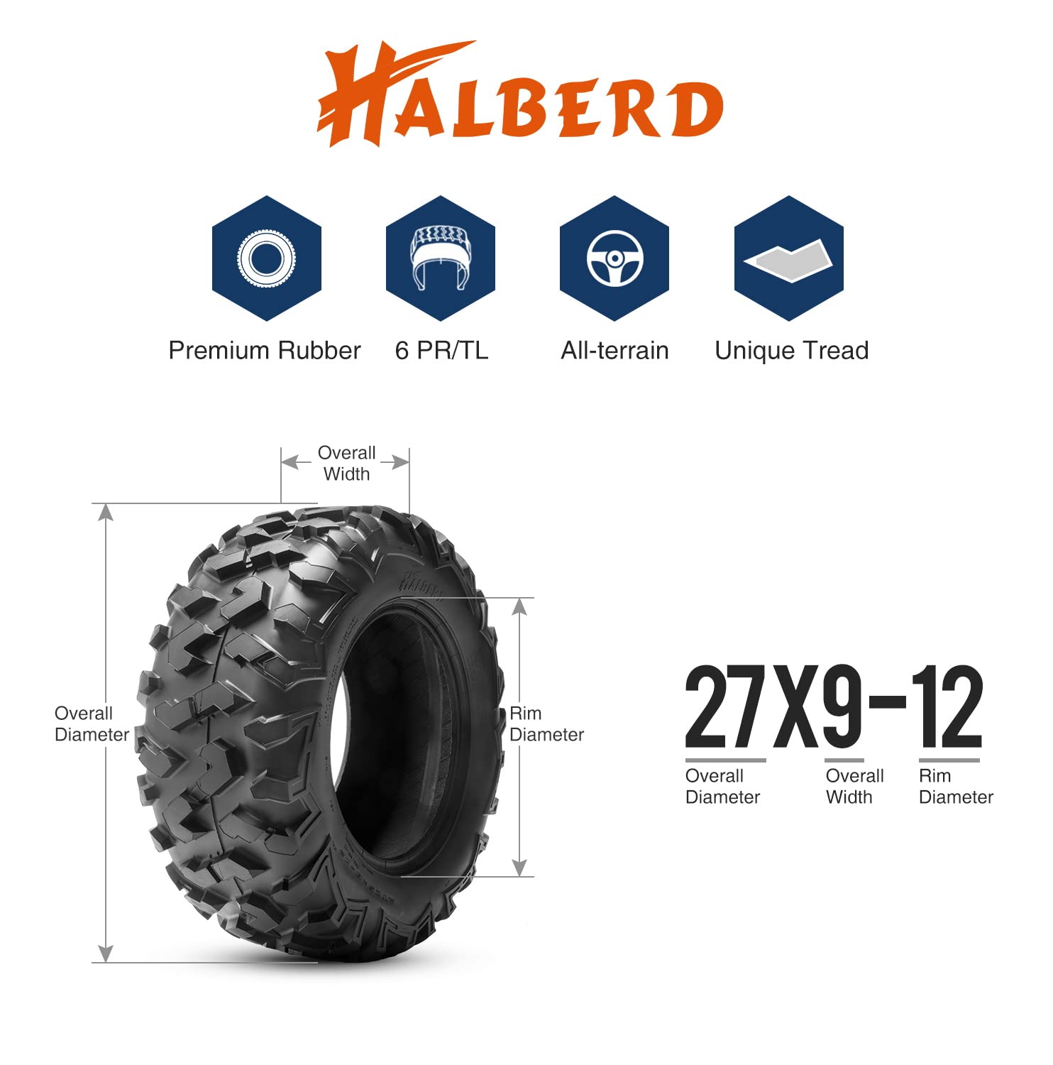 Halberd Atv Tires, 27X9-12 & 27X11-12 6Pr 27X9X12 27X11X12 All Terrain Atv Utv Off-Road Tires(Set Of 4, Tubeless)