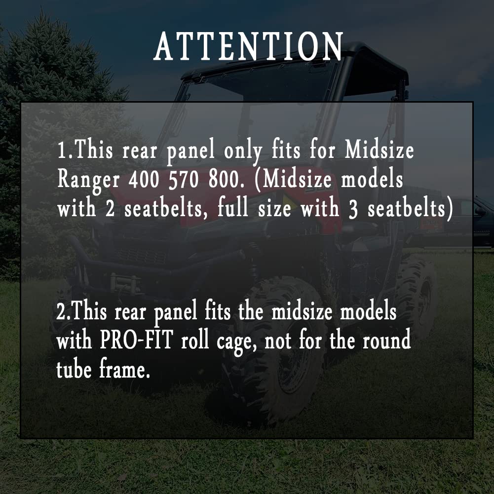 Qymoto Soft Rear Window , Rear Windshield, Dust Panel For Polaris Midsize Ranger 570 / Crew / Etx / Ev Pro-Fit Roll Cage Back Wi