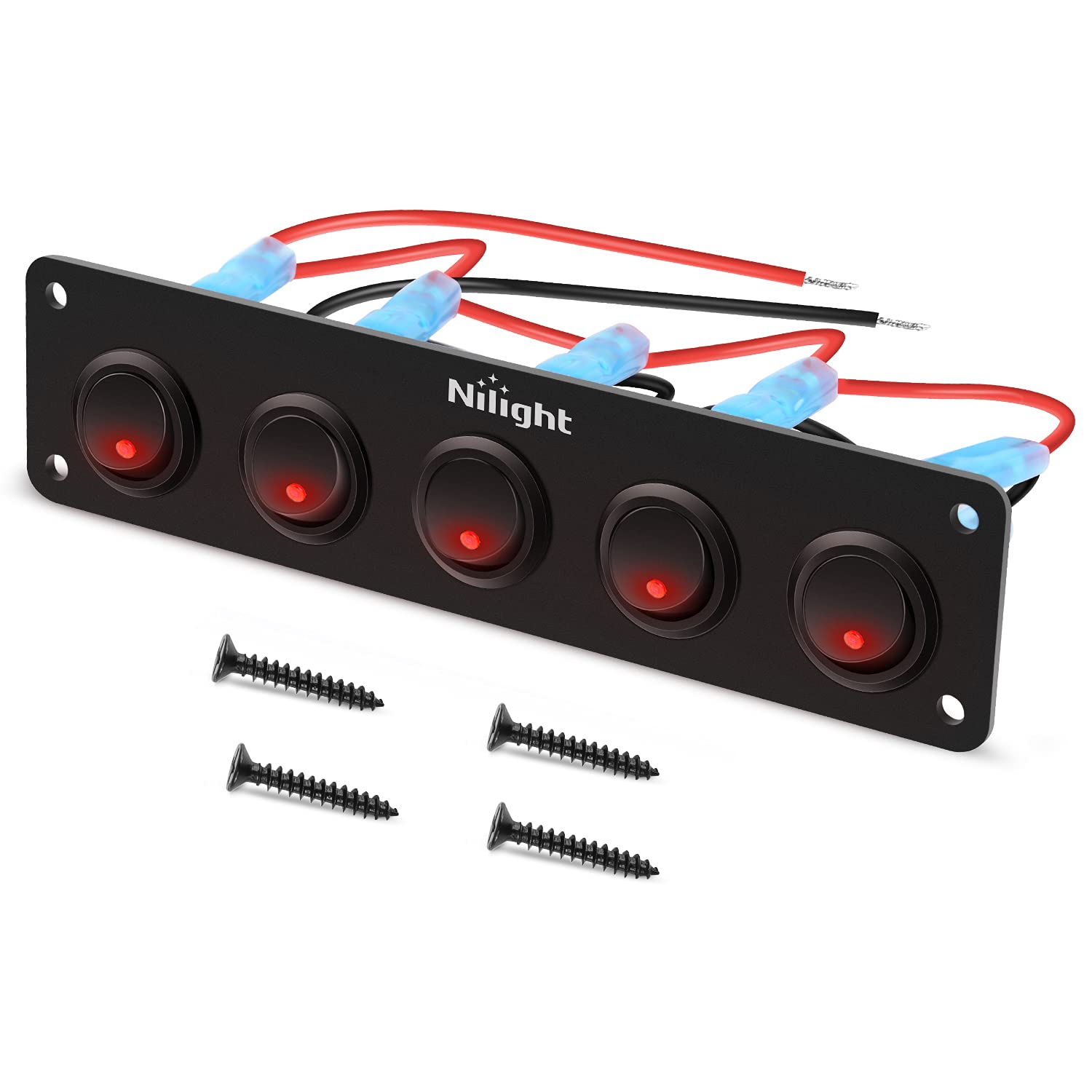 Nilight 5 Gang 3 Pin Rocker Switch Panel Waterproof On Off 12V Red Toggle For Cars Trucks Boats