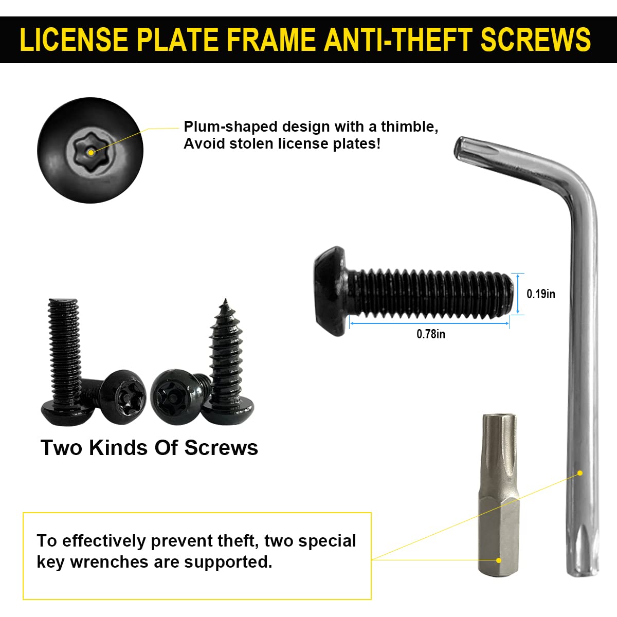 Black Anti Theft License Plate Screws, Stainless Steel Car Tag Plate Mounting Hardware, Auto Fasteners For Locking License Plate