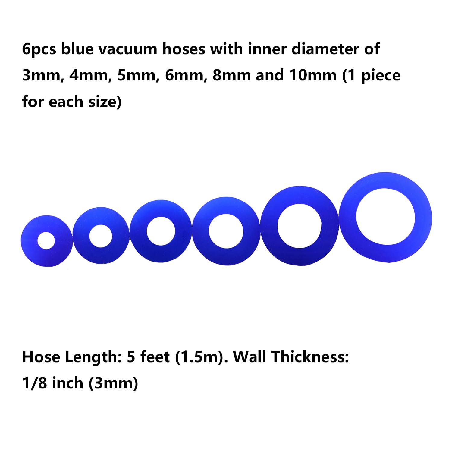 Ucreative 1/8'' 5/32'' 3/16'' 1/4'' 5/16'' 3/8'' Automotive Silicone Vacuum Tubing Hose Kit For Air And Water 6Pcs 5Ft (Blue)