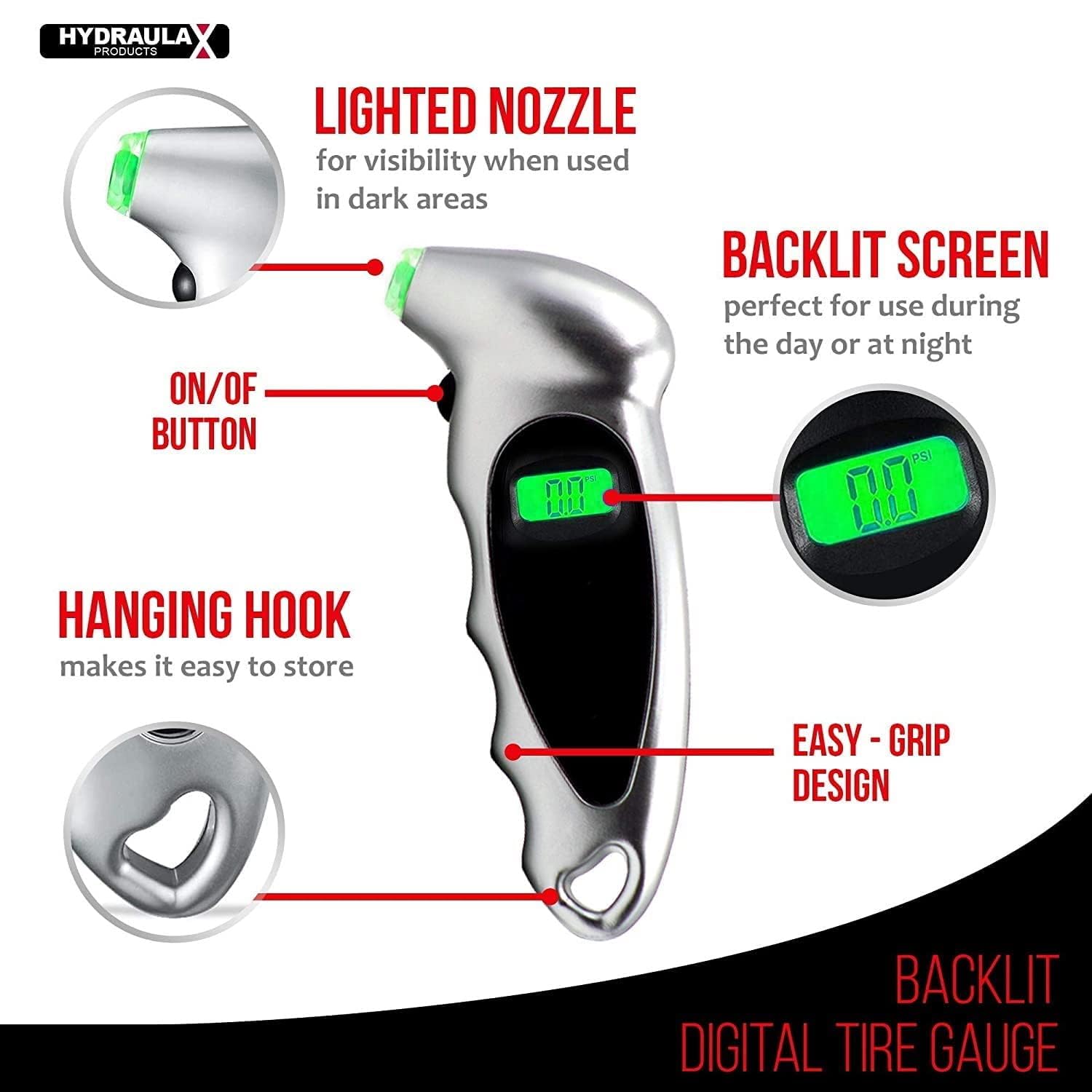 Digital Tire Pressure Gauge - Backlit Air Measurement Checker Tool For Bikes, Cars, Trucks - By Hydraulax