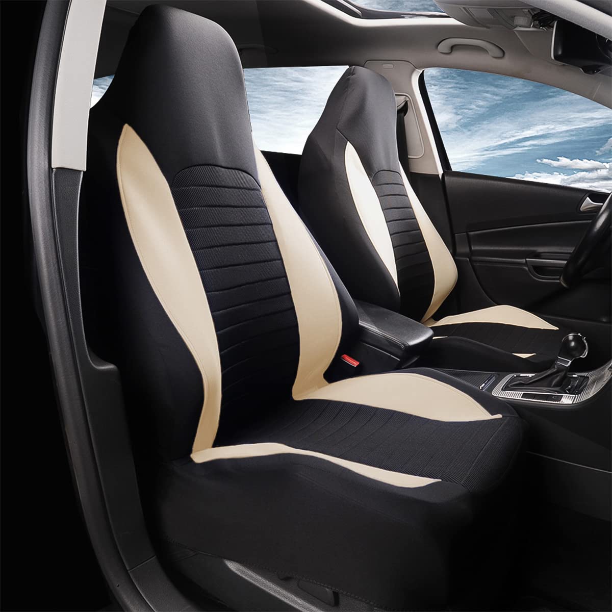 Car Front Seat Covers, Bucket One-Piece Auto Front Seat Protectors, 2Pcs Premium Breathable Vehicle Seat Cushions Airbag Compatible, Car Interior Accessories Universal For Suvs, Trucks, Car (Beige)