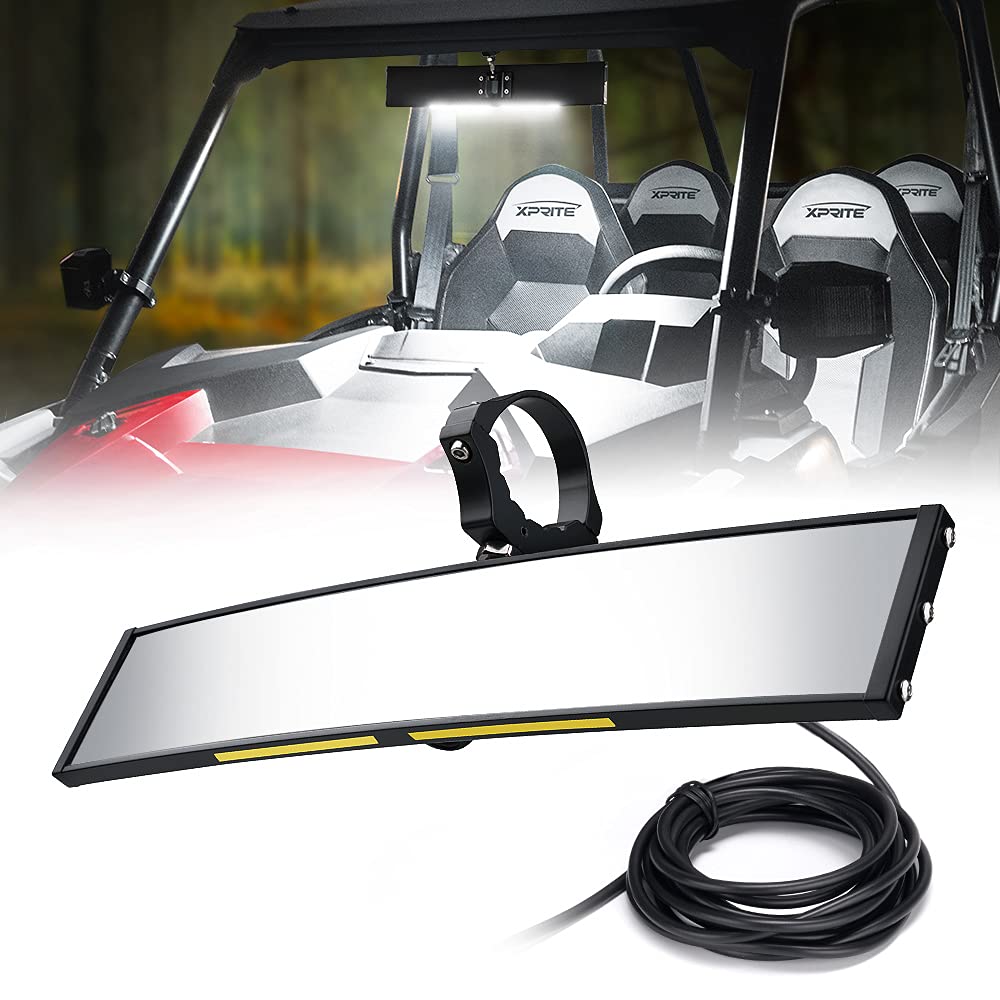 Xprite 13' Aluminum Utv Rear View Center Mirror W/Interior Lights, Curved Rearview Mirror Fits 1.75' - 2' Mount For Polaris Rzr Sxs Can-Am X3 Arctic Cat Kawasaki Yamaha Honda, Patent Design