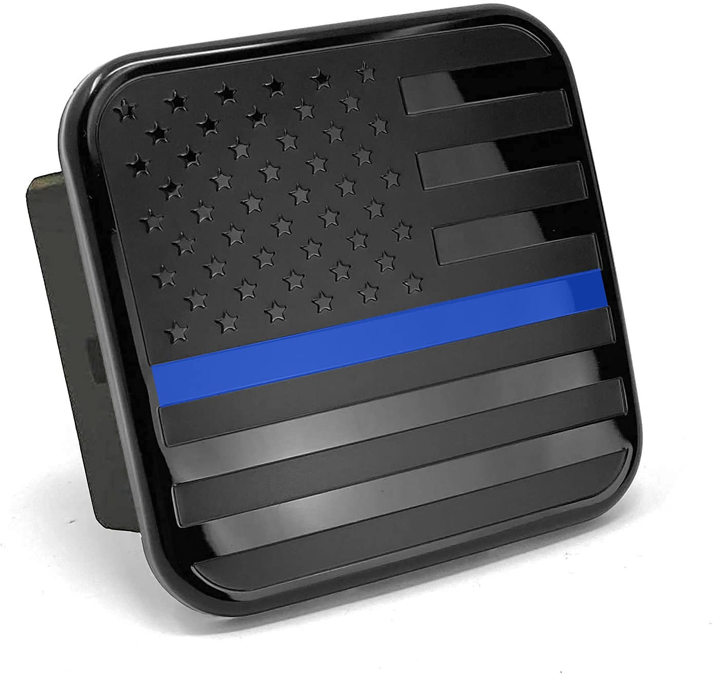 MULL USA Flag Metal Hitch Cover Plug (Fits 2 Receiver, Black with Thin Blue Line)