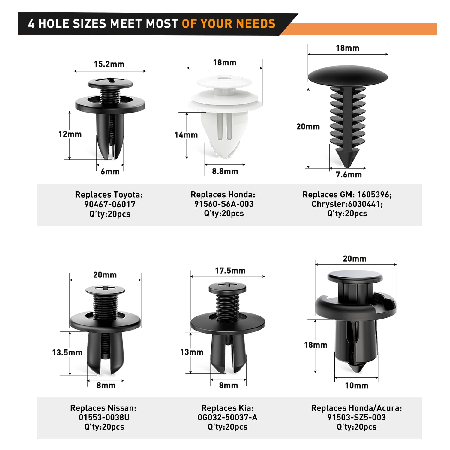 Gooacc 125Pcs Car Bumper Push Retainer Clips Nylon Fasteners Rivet Kit 6Mm 7.6Mm 8Mm 8.8Mm 10Mm Door Trim Panel Clips 5Pc Fasten