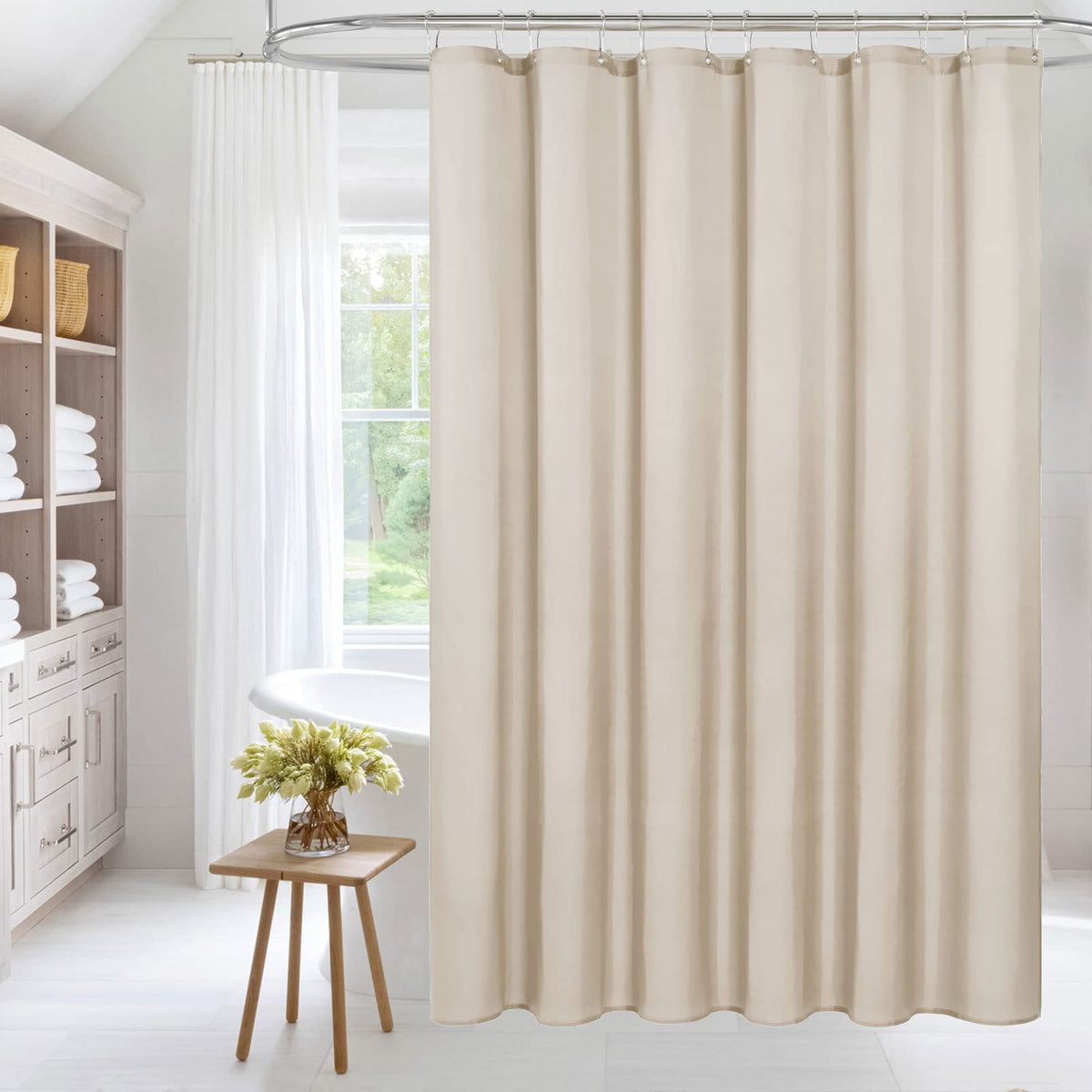 Mitovilla Long Fabric Shower Curtain Liner, Soft & Lightweight Cream Shower Curtain Liner For Hotel With Plastic Hooks, Machine Washable, Waterproof, 72X78 Inch, Beige