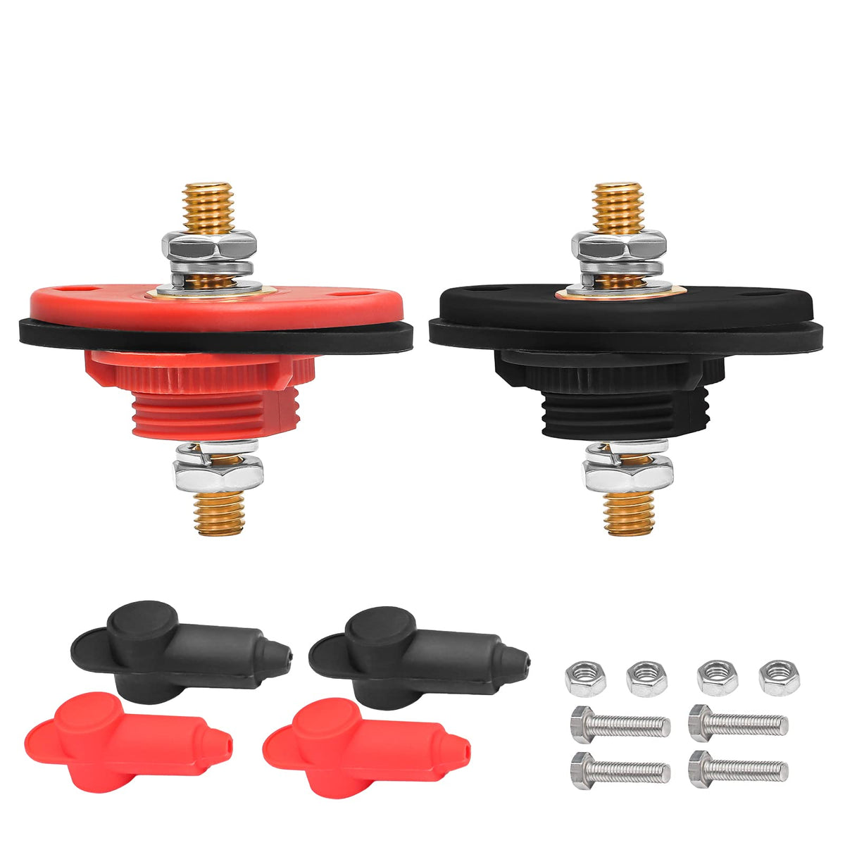 Recoil Bttp-38 Premium High Current 3/8” Feed-Thru Panel Battery Terminal Connectors With Silicone Terminal Covers, Red & Black Pair