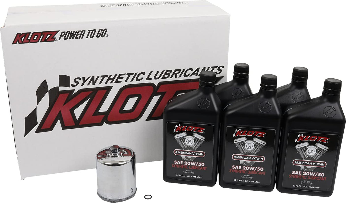 Klotz 20W/50 Synthetic Motor Oil Change Kit for Twin Cam 1999-2018 & Milwaukee-Eight 2017-2024 (5-Quart Basic Kit)