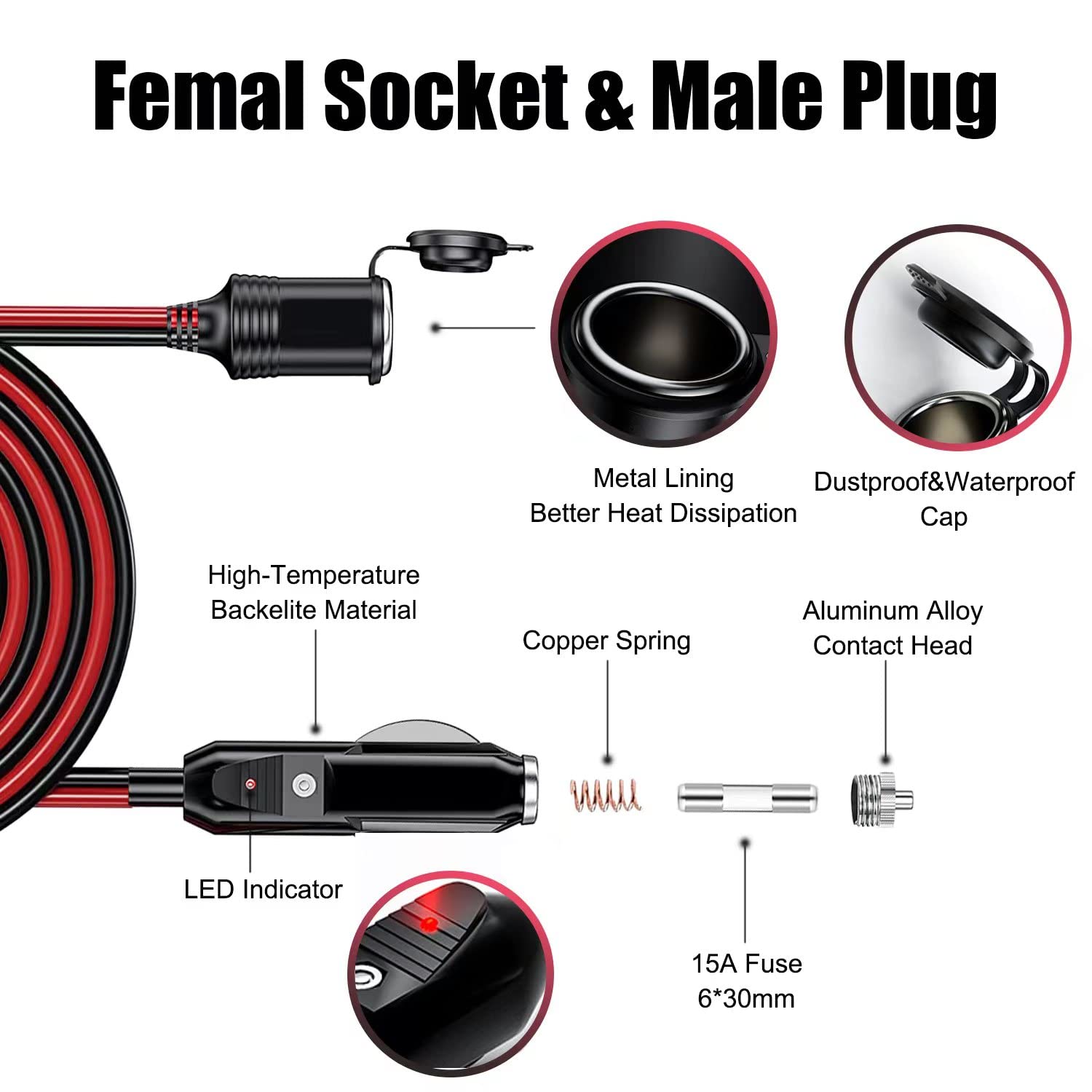 Gibbab 12V/24V 16Awg Heavy Duty Cigarette Lighter Extension Cable 4.9Ft, 156W/20A Male Plug To Female Socket Adapter Extension C