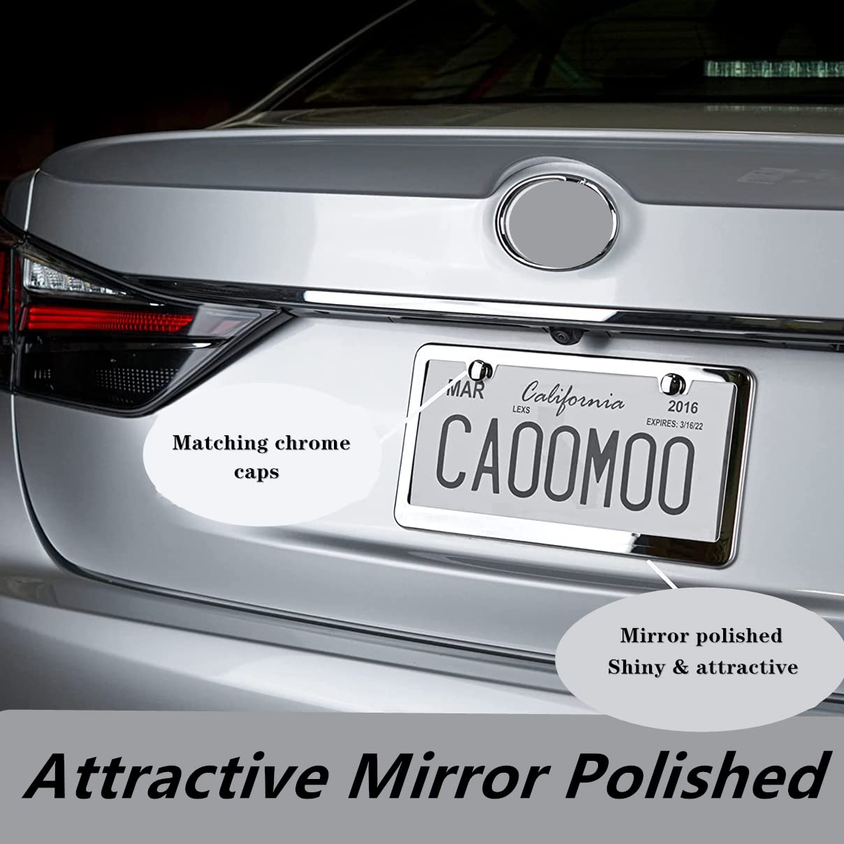 Flamax Mirror Polished Stainless Steel License Plate Frame Metal License Plate Cover License Plate Holder 2 Pcs, Gloss Silver License Plate Frames With Chrome Screw Caps & 2 Holes, Rust-Proof