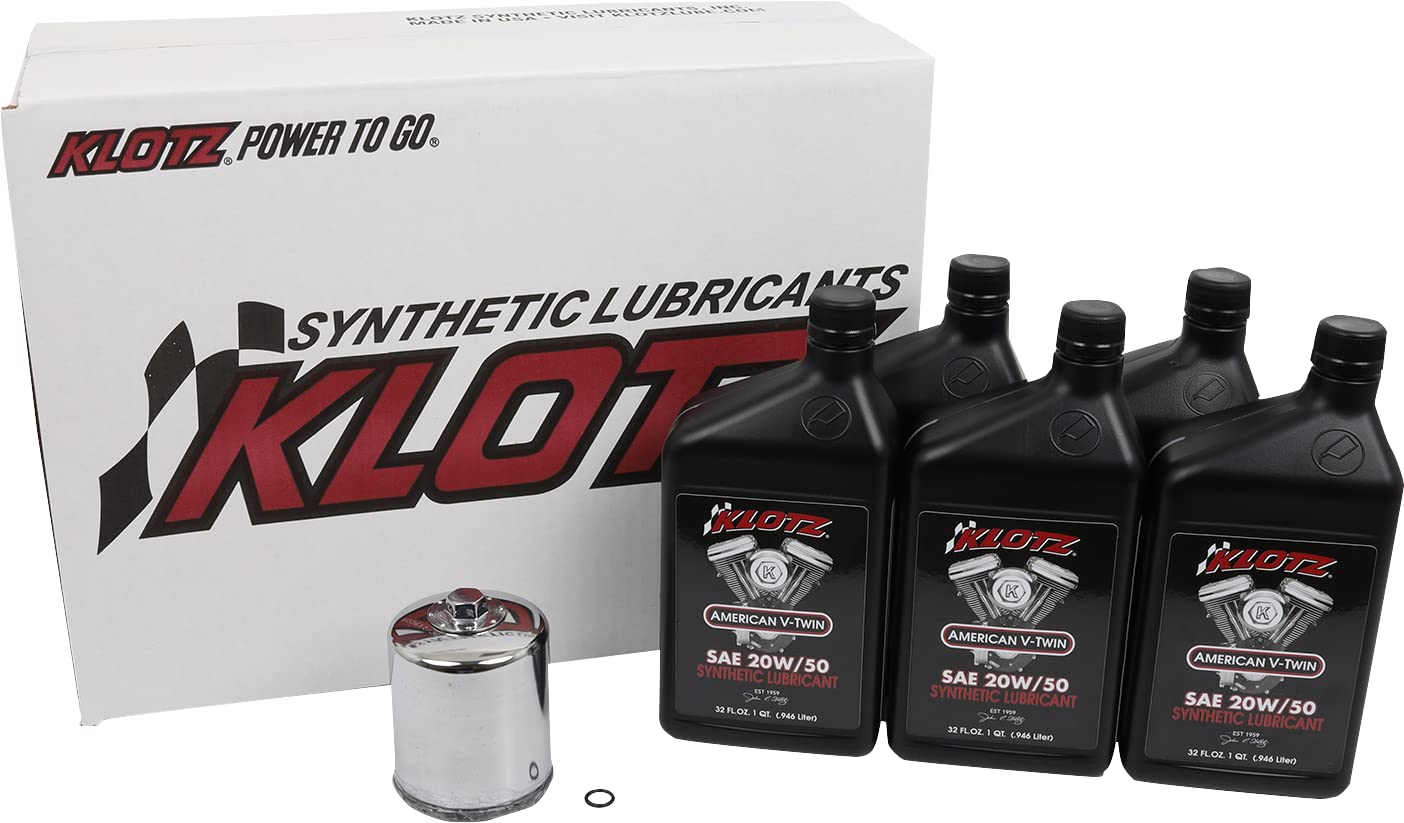 Klotz 20W/50 Synthetic Motor Oil Change Kit for Twin Cam 1999-2018 & Milwaukee-Eight 2017-2024 (5-Quart Basic Kit)