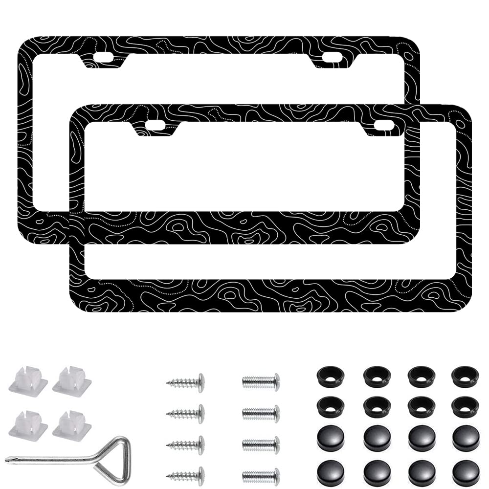 2 Pack Topographic | Topography | Map | Exploration | Discovery License Plate Frames, Stainless Steel License Plate Cover With S