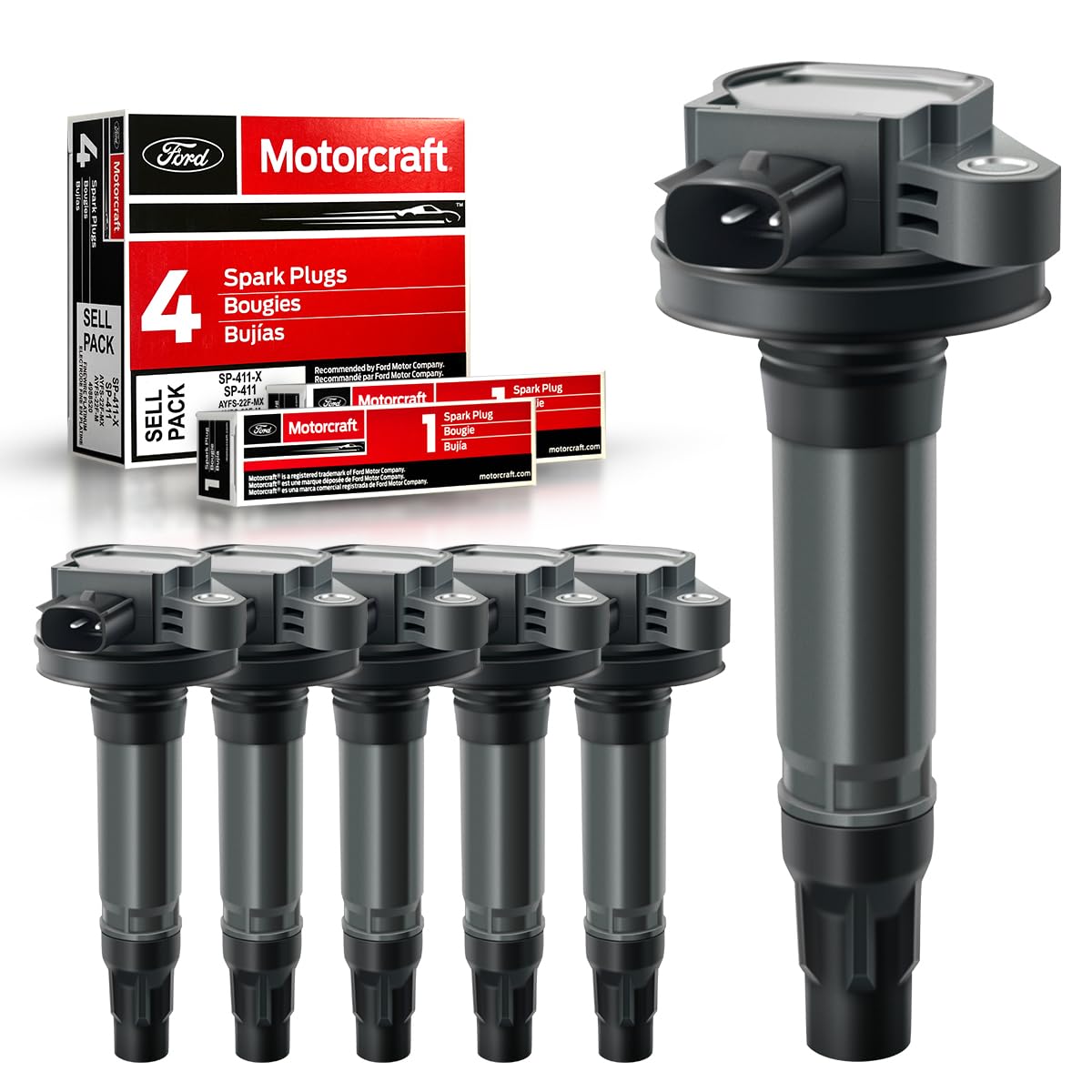 MAS Set of 6 Ignition Coil Pack & 6Pcs Motorcraft Spark Plug SP411 Compatible with Fusion Lincoln Mazda CX-9 Mercury Edge MKS MK