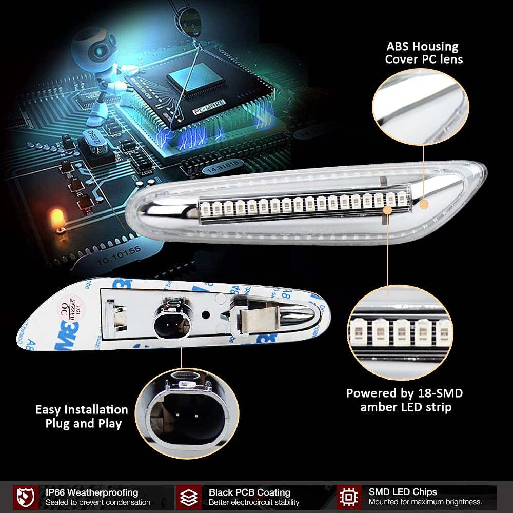 D-Lumina Chrome Sequential Amber Led Side Marker Lights Turn Signal Lamp For Bmw E90 E91 E92 E93 E46 E53 E60 E61 X3 E83 X1 E84 E81 E82 E87 E88 Side Marker Light, Clear Lens Side Marker, Pack Of 2