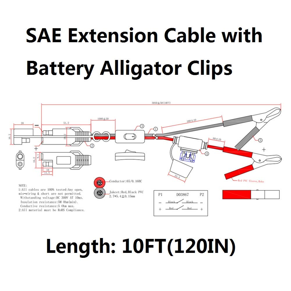 Sparking 10Ft 12V Battery Alligator Clip To Sae 2Pin Quick Disconnect Cable Sae To Battery Clamp-On Cable 15A Fuse (10Ft)