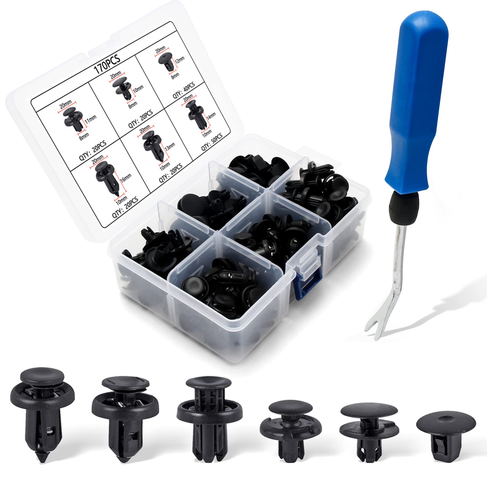 Car Retainer Clips 170Pcs 6 Size Fender Bumper Fasteners For 91505-Tm8-003/90682-Sea-003/91512-Sx0-003/91505-S9A-003/91506-S9A-0