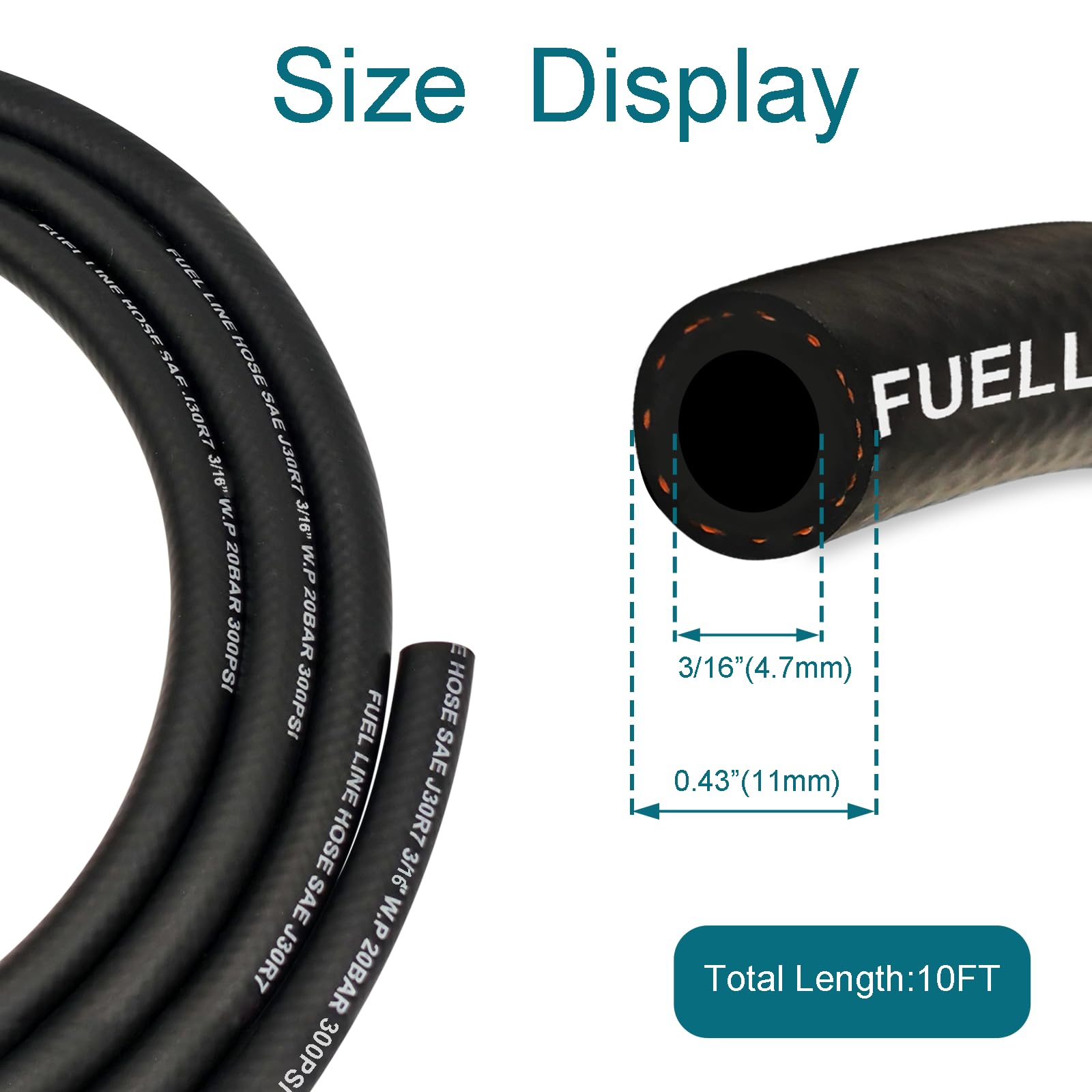 HOUSUN 3/16 Inch ID Fuel Line Hose, 10FT J30R7 NBR with 10 Clamps - Black Fuel Hose for Gasoline, Diesel, and Oil