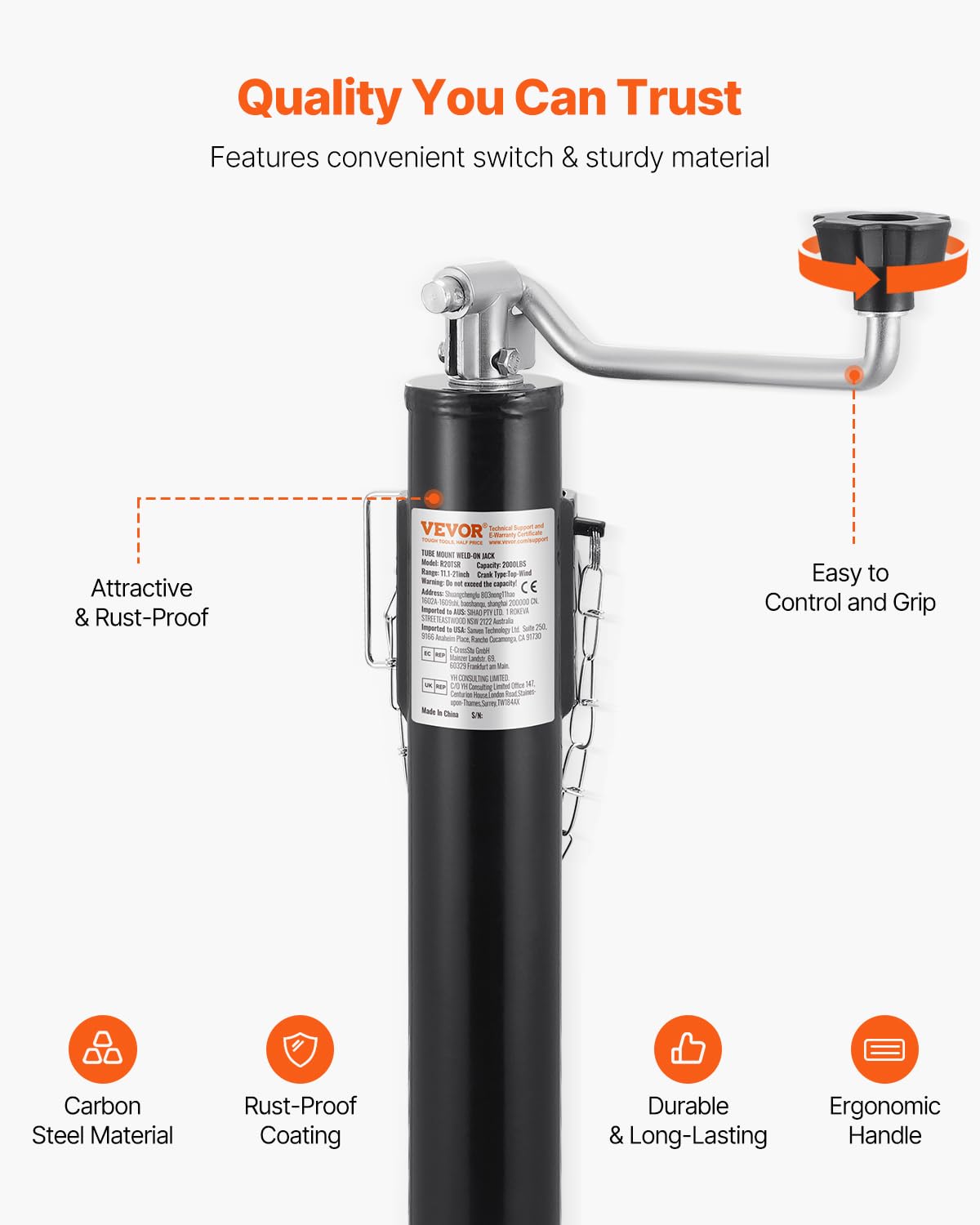 VEVOR Trailer Jack, 2000 lbs Dynamic Load Capacity, Weld-on Pipe-Mount Swivel, 10 Lift Stand With Handle for RV, Horse, Utilit