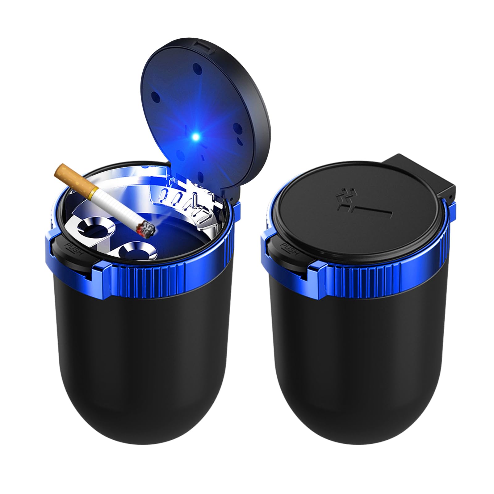 Dickno 2 PCS Car Ashtray with Lid, Detachable Stainless Smokeless Auto Ashtray, Portable Mini Vehicle Trash Can with LED Blue Li
