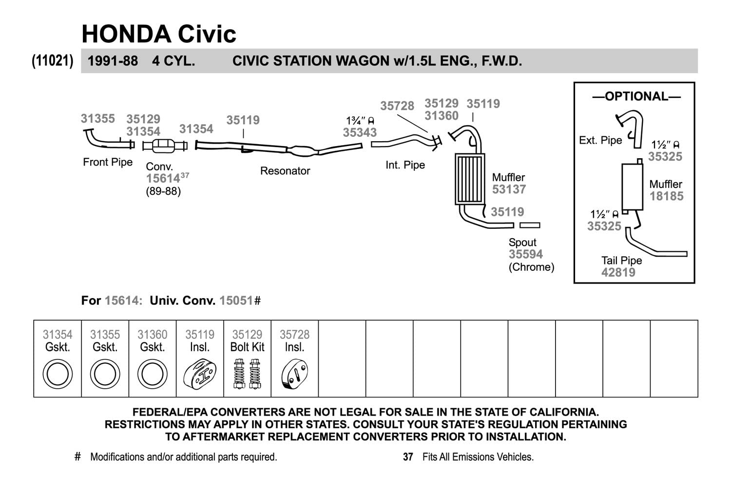 Walker 35594 Exhaust Pipe Spout 1.625 Inlet (Od) 1.25 Outlet (Id) For Honda Accord